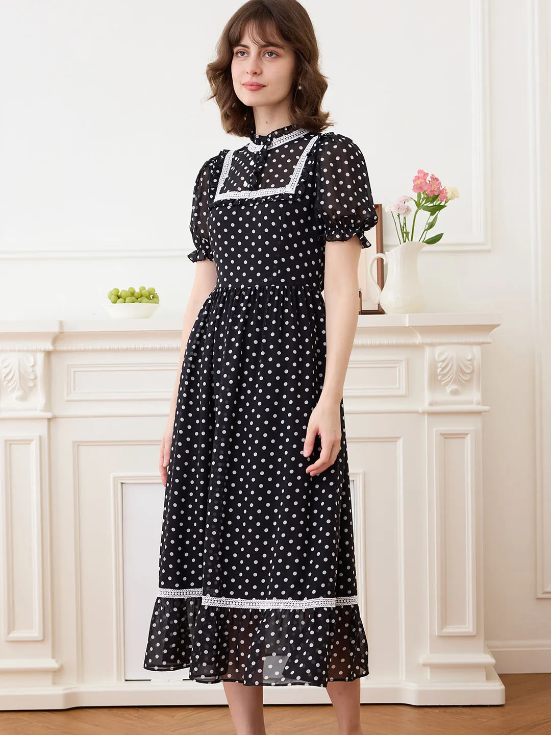 【Final Sale】Annika Polka Dot Print Mock Neck Puff Sleeve Chiffon Dress