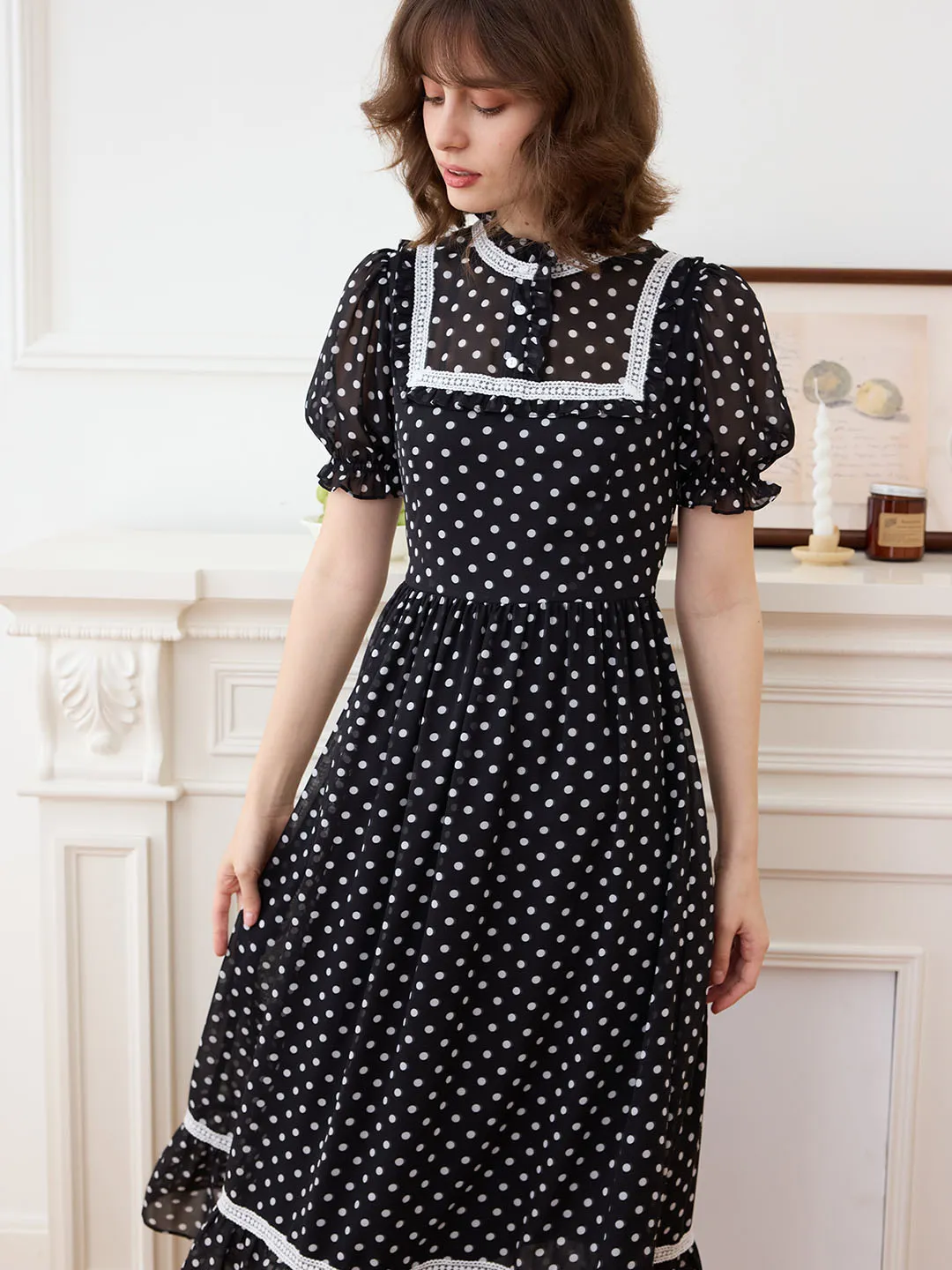 【Final Sale】Annika Polka Dot Print Mock Neck Puff Sleeve Chiffon Dress