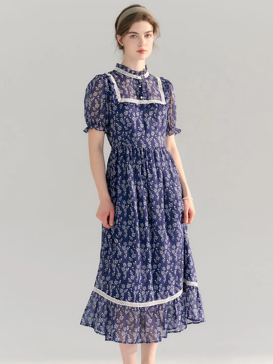 【Final Sale】Annika Polka Dot Print Mock Neck Puff Sleeve Chiffon Dress