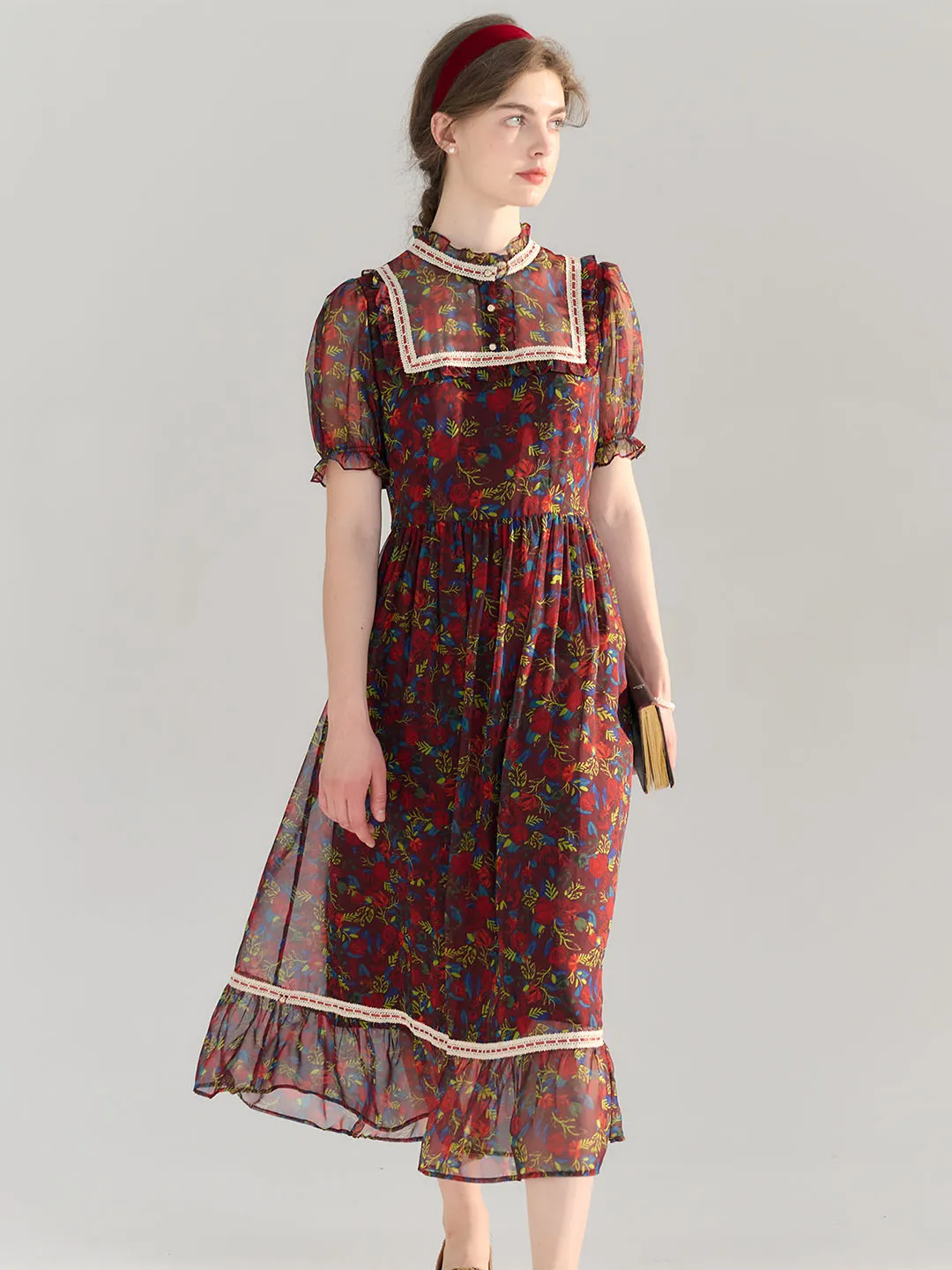 【Final Sale】Annika Polka Dot Print Mock Neck Puff Sleeve Chiffon Dress