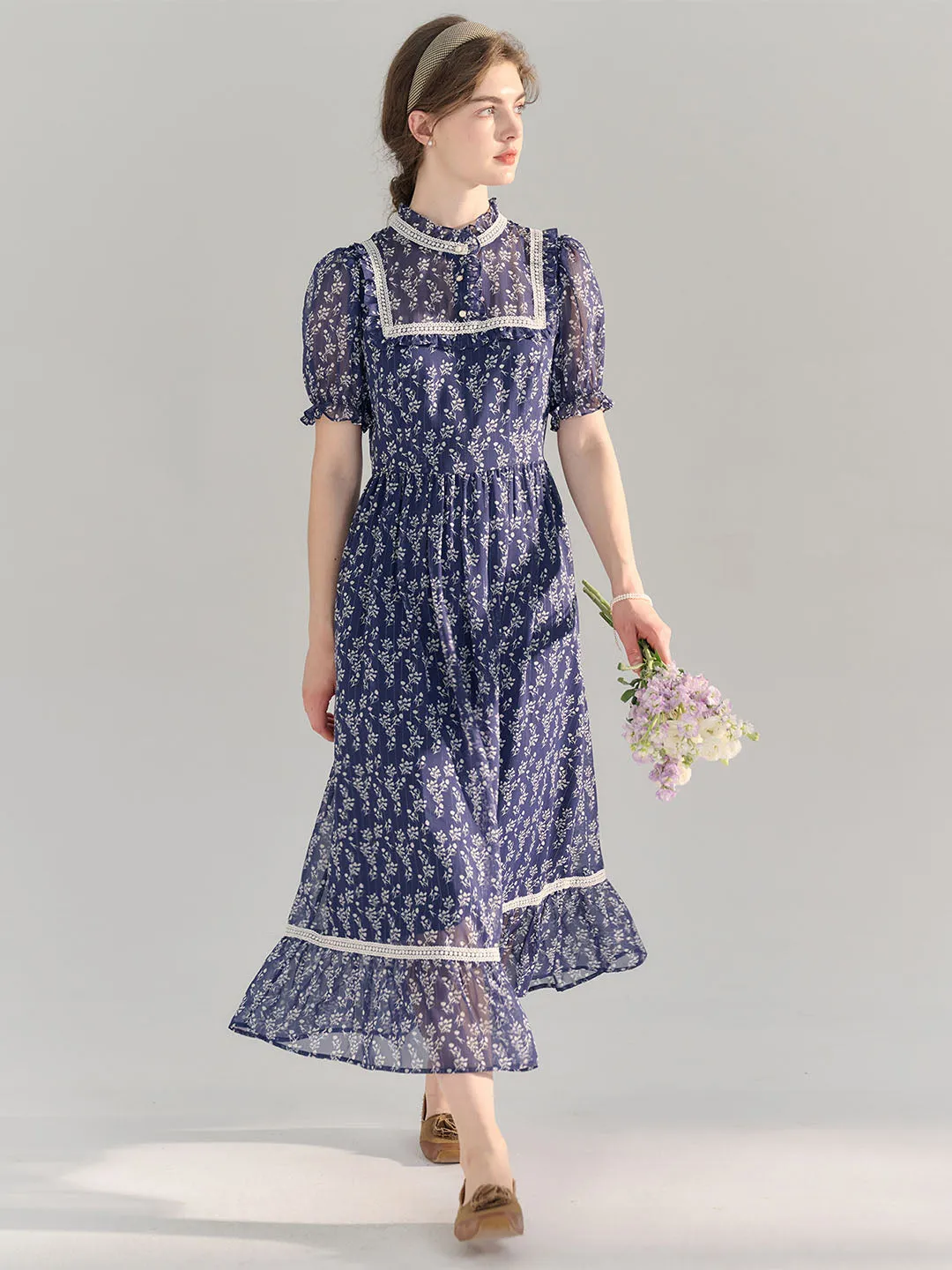 【Final Sale】Annika Polka Dot Print Mock Neck Puff Sleeve Chiffon Dress