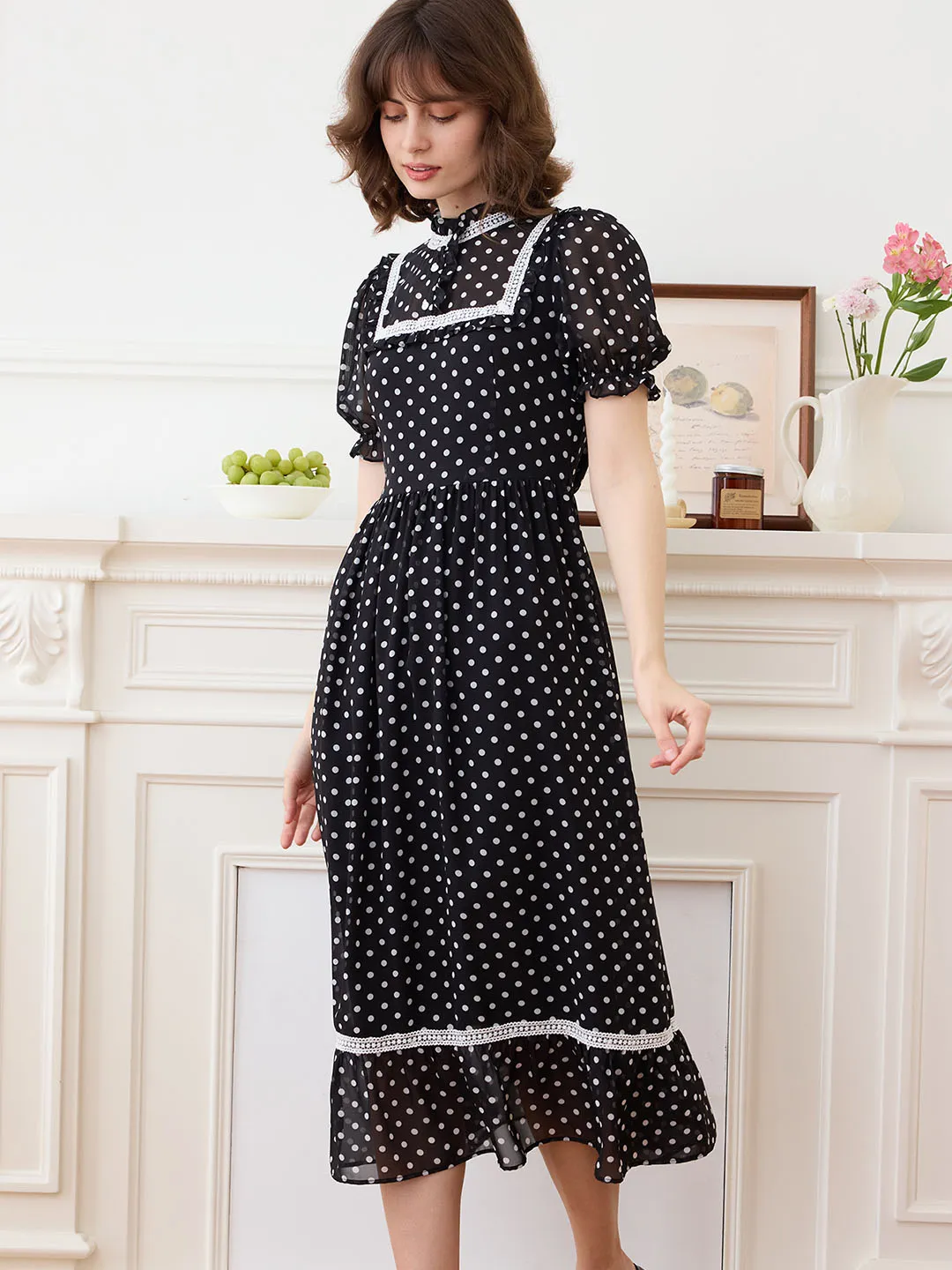 【Final Sale】Annika Polka Dot Print Mock Neck Puff Sleeve Chiffon Dress