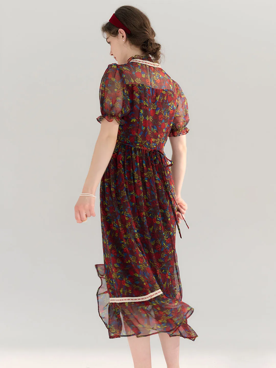 【Final Sale】Annika Polka Dot Print Mock Neck Puff Sleeve Chiffon Dress