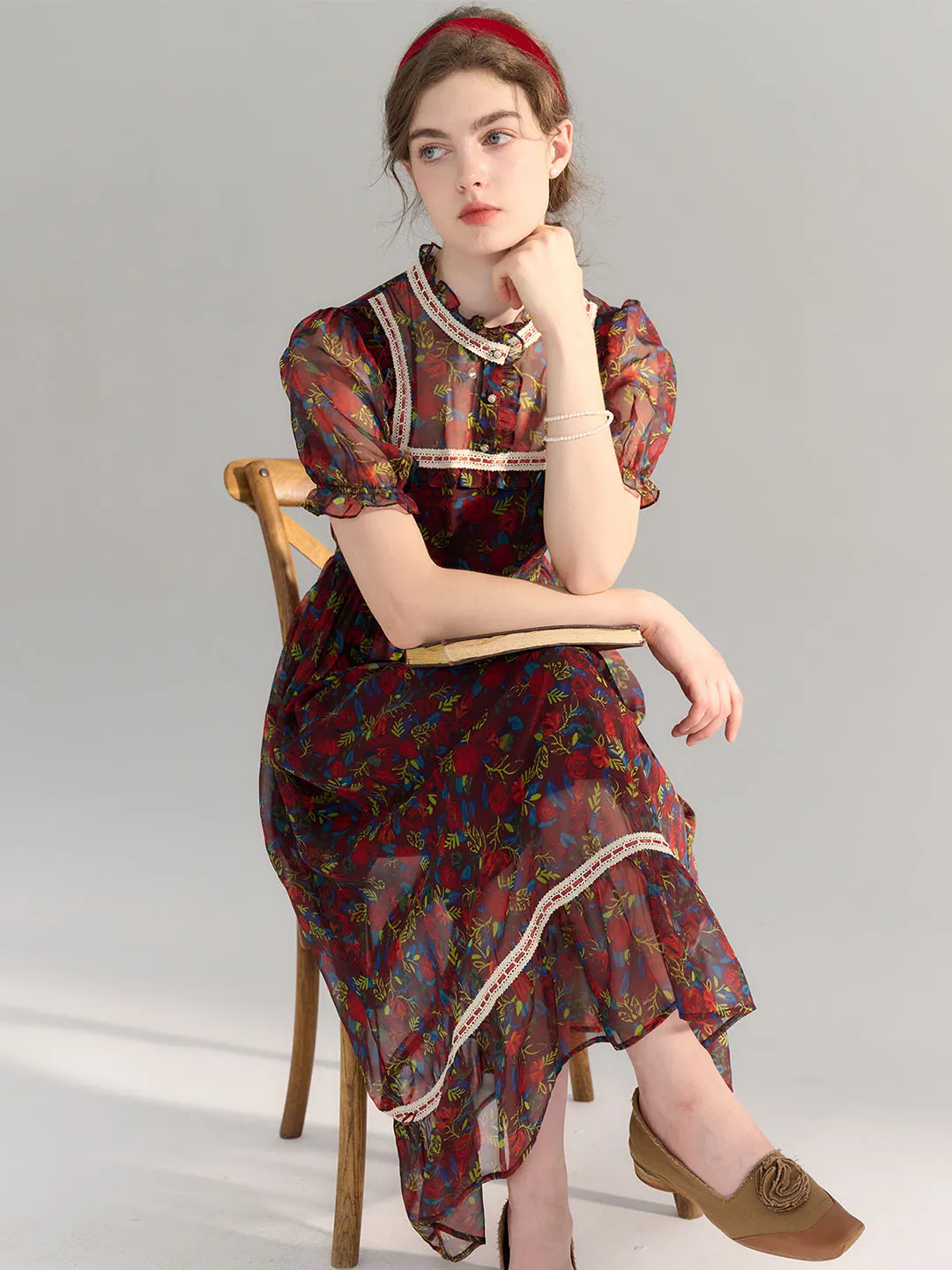 【Final Sale】Annika Polka Dot Print Mock Neck Puff Sleeve Chiffon Dress