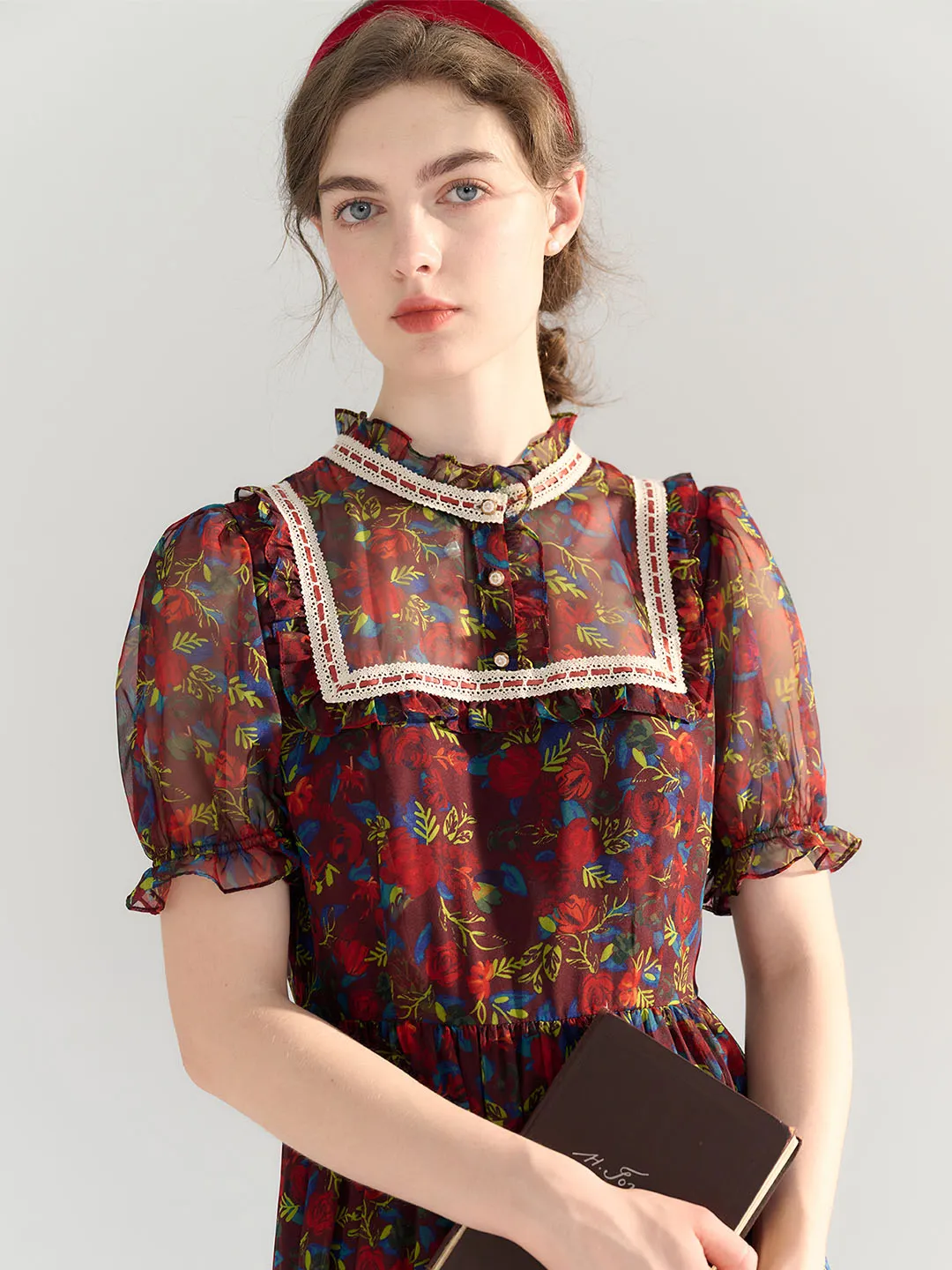 【Final Sale】Annika Polka Dot Print Mock Neck Puff Sleeve Chiffon Dress