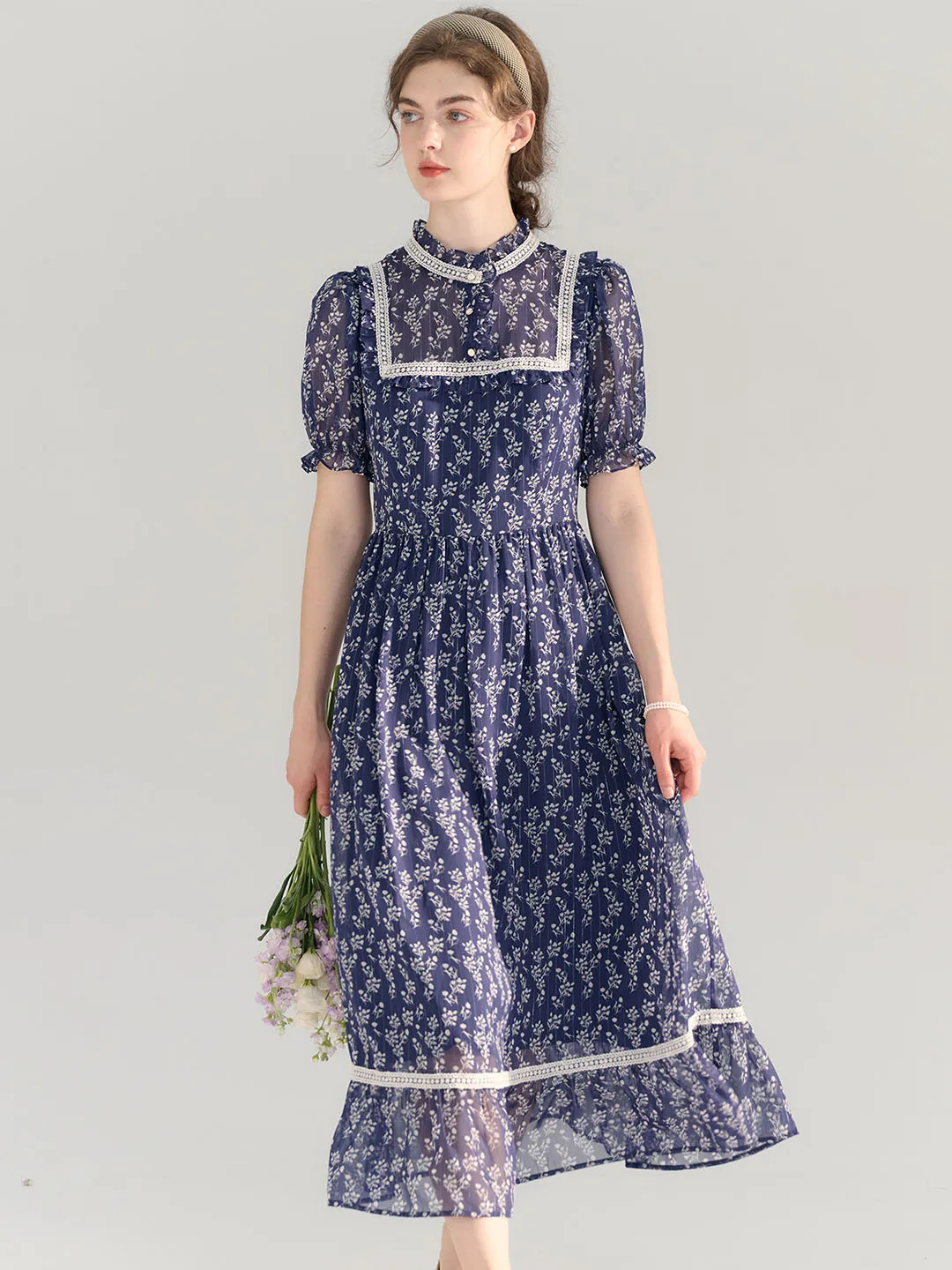 【Final Sale】Annika Polka Dot Print Mock Neck Puff Sleeve Chiffon Dress