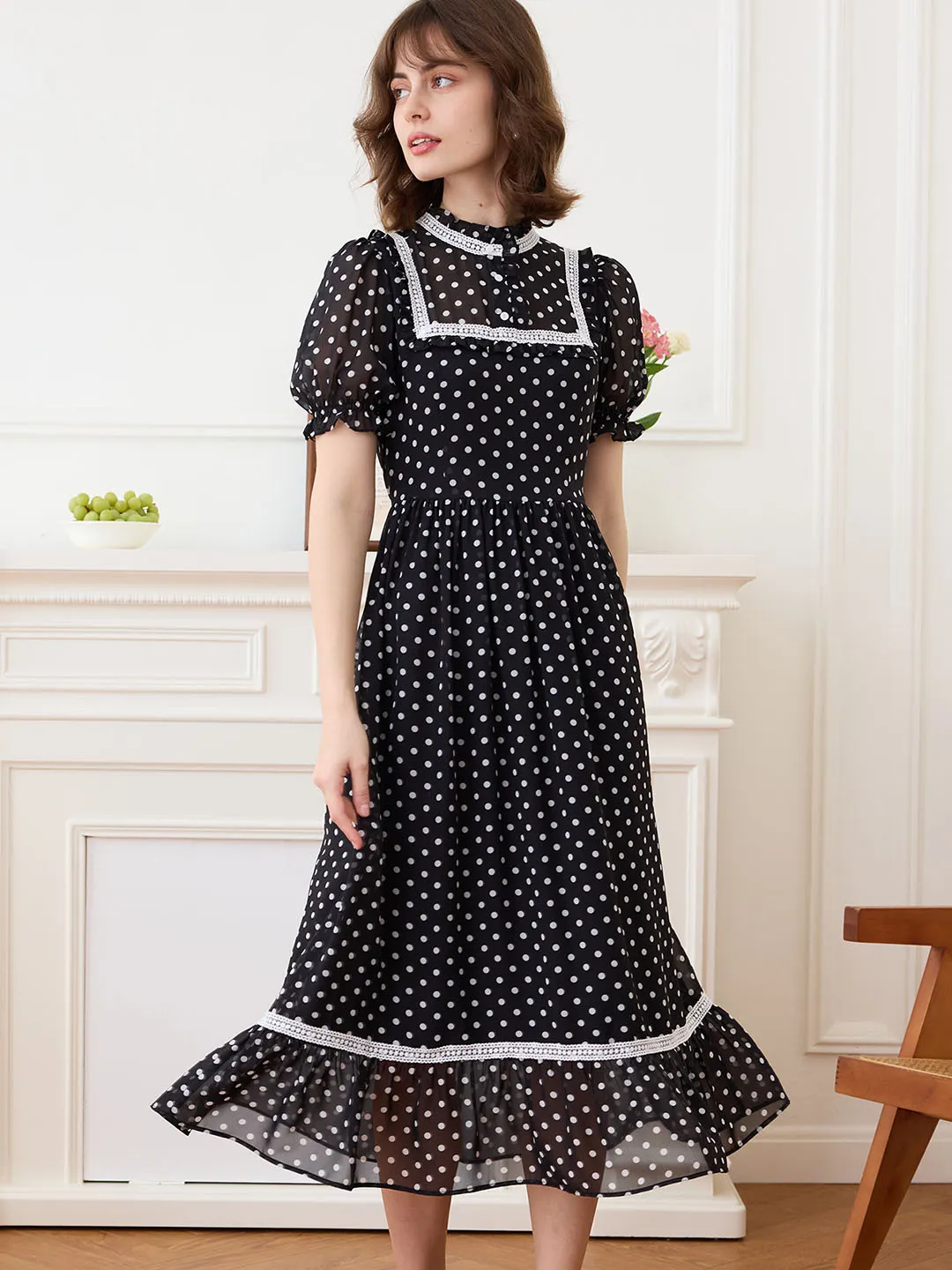 【Final Sale】Annika Polka Dot Print Mock Neck Puff Sleeve Chiffon Dress