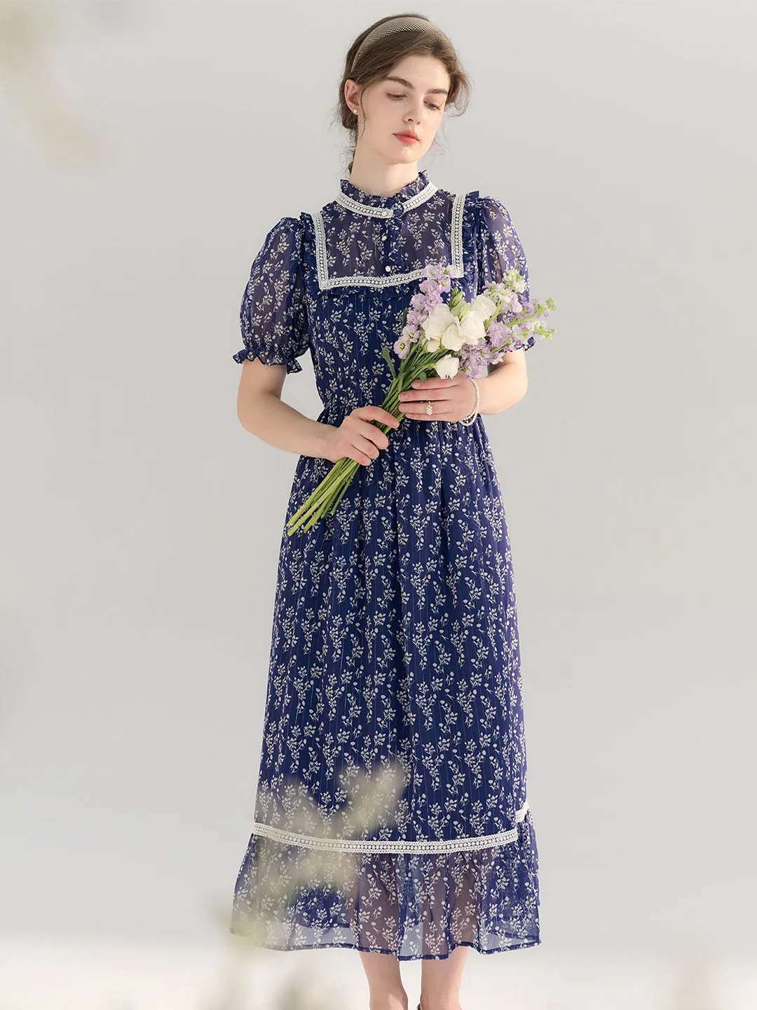 【Final Sale】Annika Polka Dot Print Mock Neck Puff Sleeve Chiffon Dress