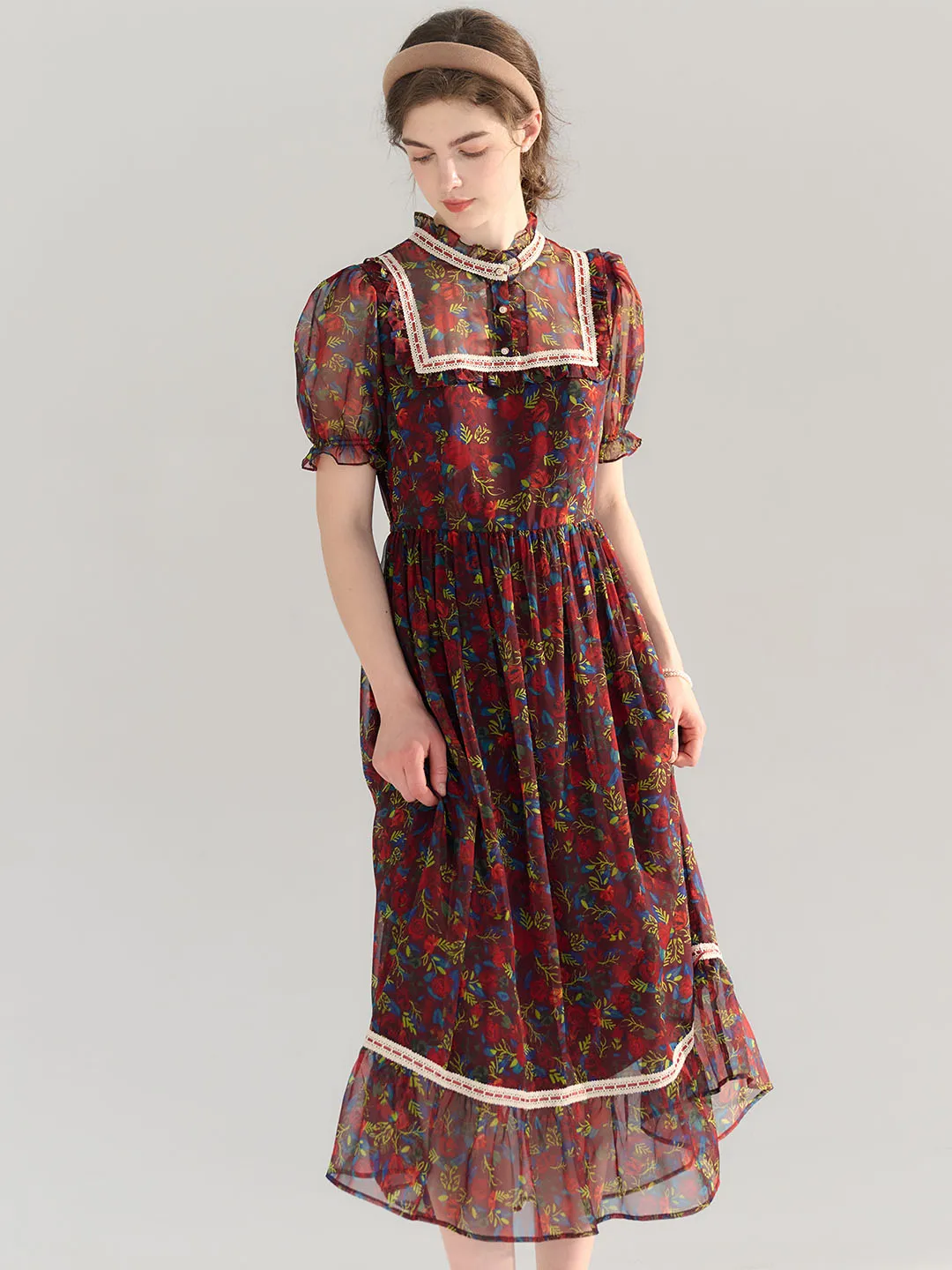 【Final Sale】Annika Polka Dot Print Mock Neck Puff Sleeve Chiffon Dress