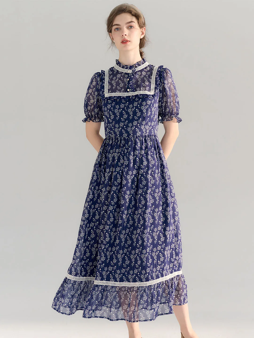 【Final Sale】Annika Polka Dot Print Mock Neck Puff Sleeve Chiffon Dress