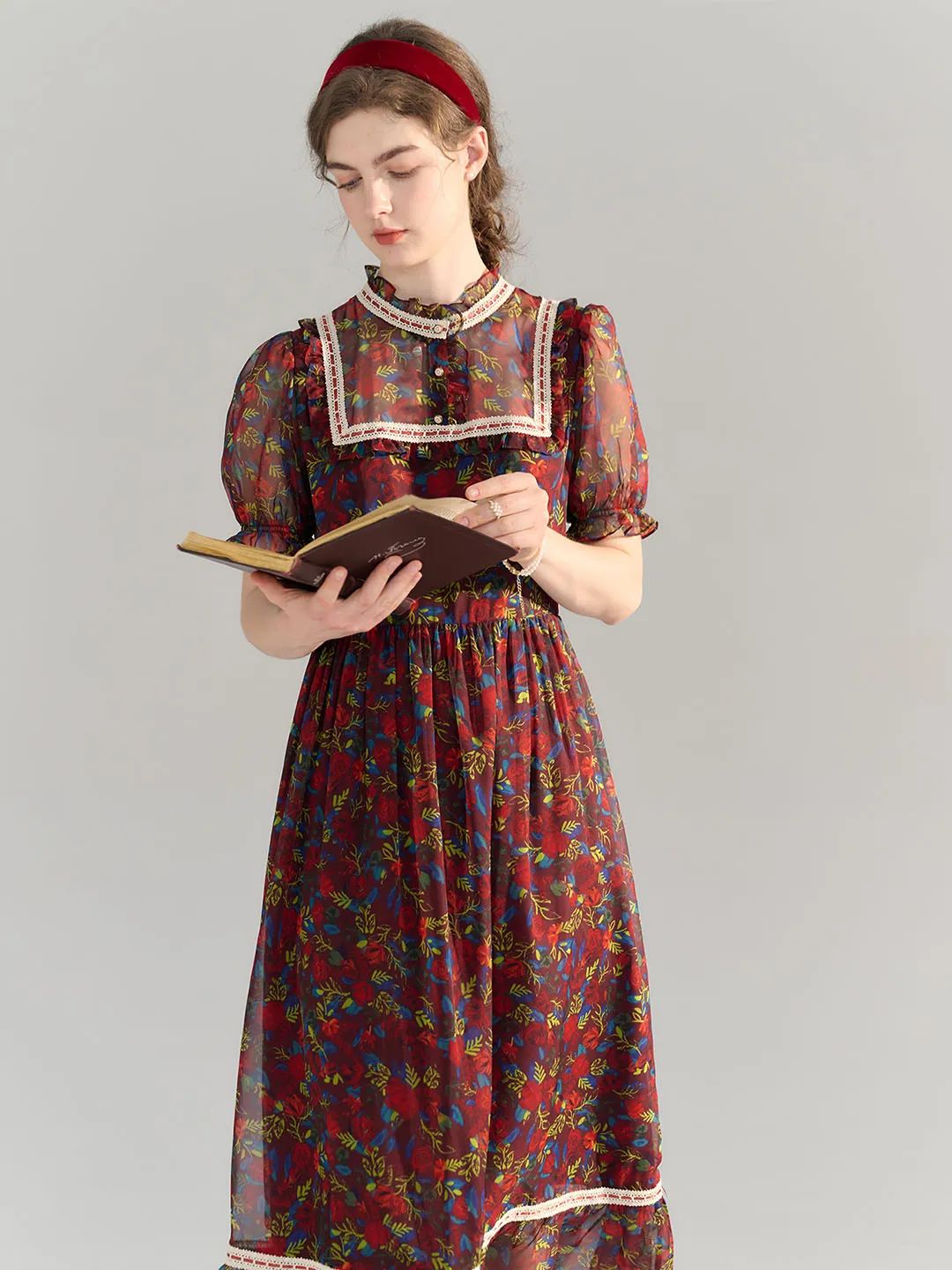 【Final Sale】Annika Polka Dot Print Mock Neck Puff Sleeve Chiffon Dress