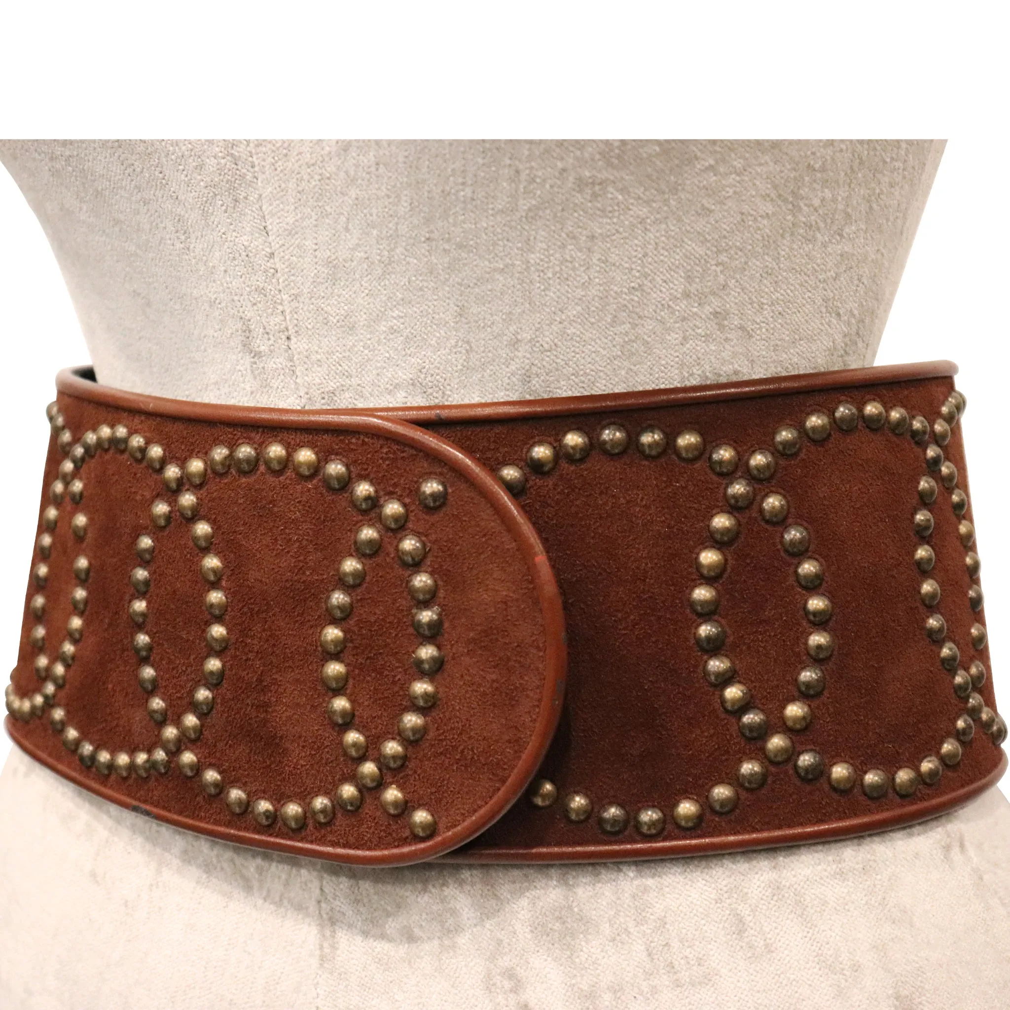 Galanos Large Brown Wide Belt With Bronze Studs