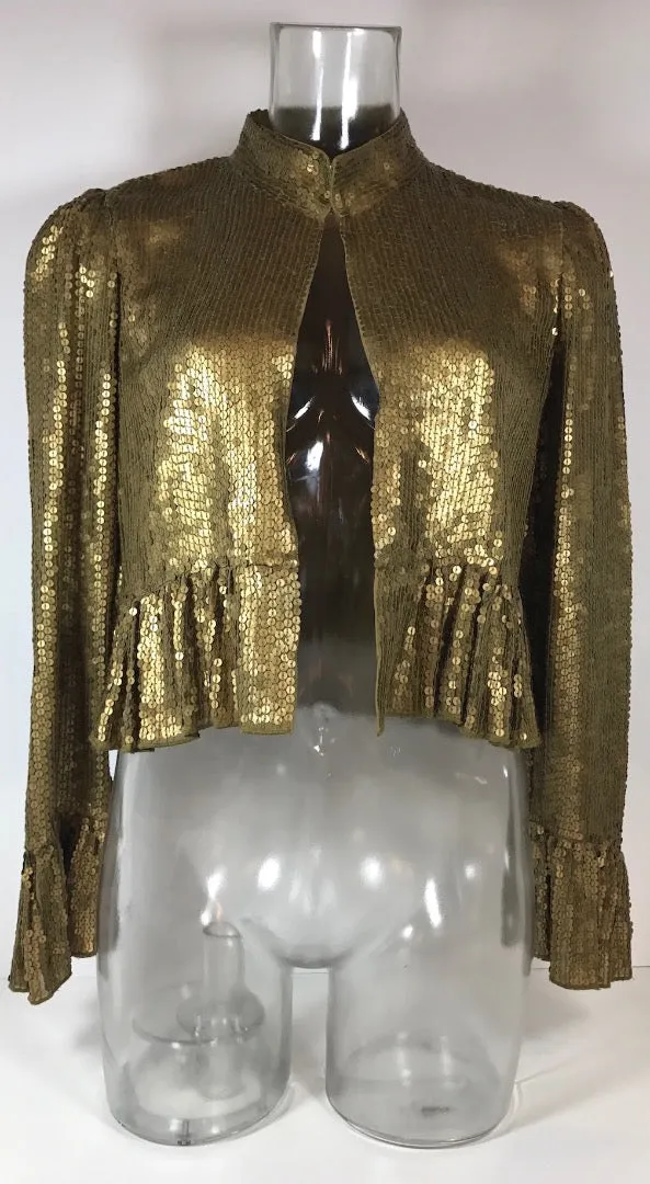 GENERRA 1990s Gold Sequin Jacket with Ruffle Sleeves and Hem Size 6