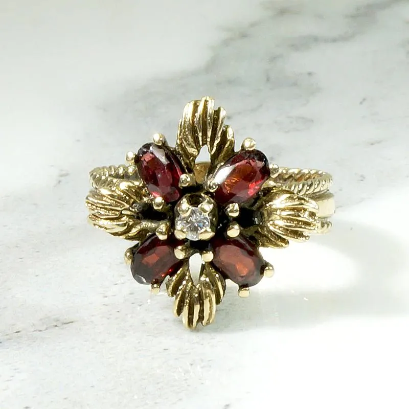 Gold & Garnet Petaled Flower Ring