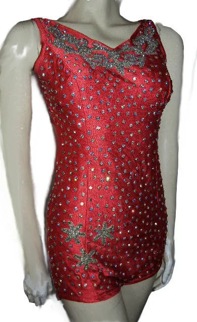 GORGEOUS VINTAGE GLAMOUR GIRL BRILLIANTLY SPARKLING RHINESTONE ENCRUSTED SWIMSUIT IN SCARLET PAGEANT SWIMSUIT - PERFECT FOR VIVA LAS VEGAS