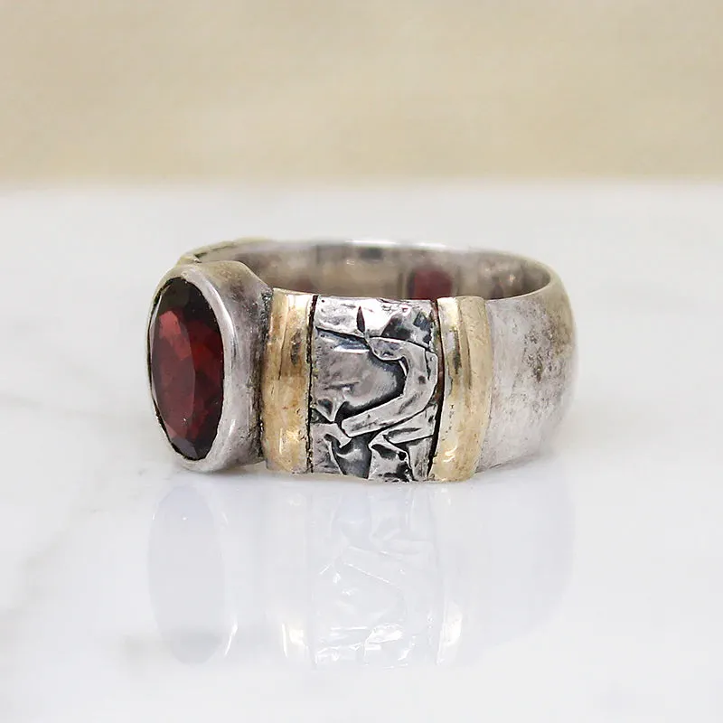 Heavy Silver Band with Garnet & Interesting Details