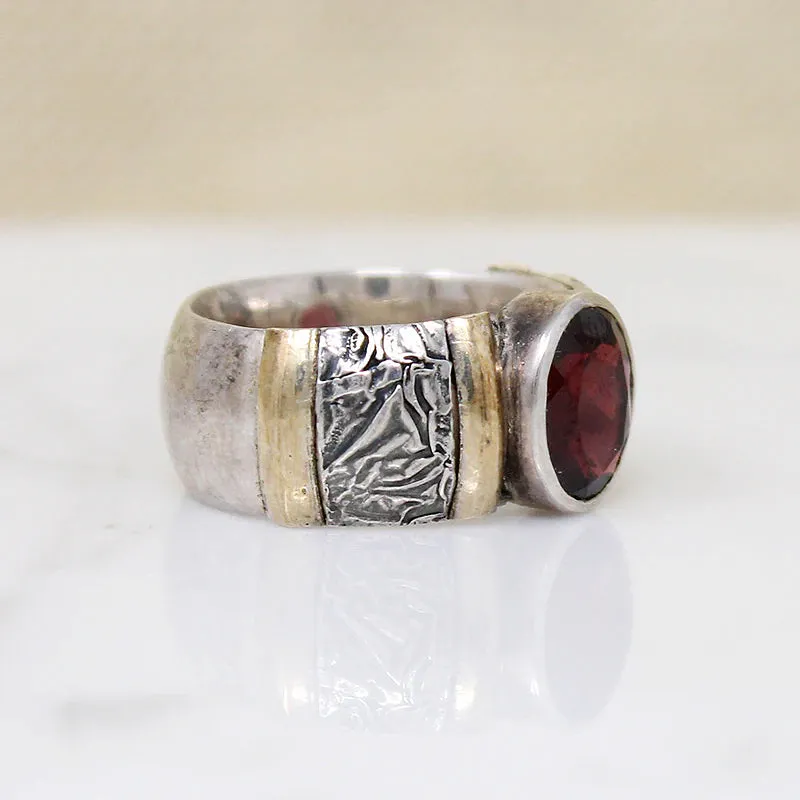 Heavy Silver Band with Garnet & Interesting Details