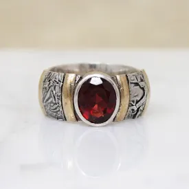 Heavy Silver Band with Garnet & Interesting Details