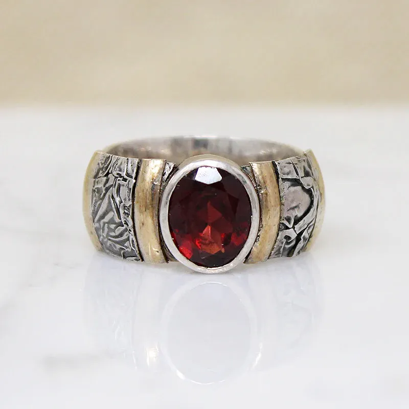 Heavy Silver Band with Garnet & Interesting Details