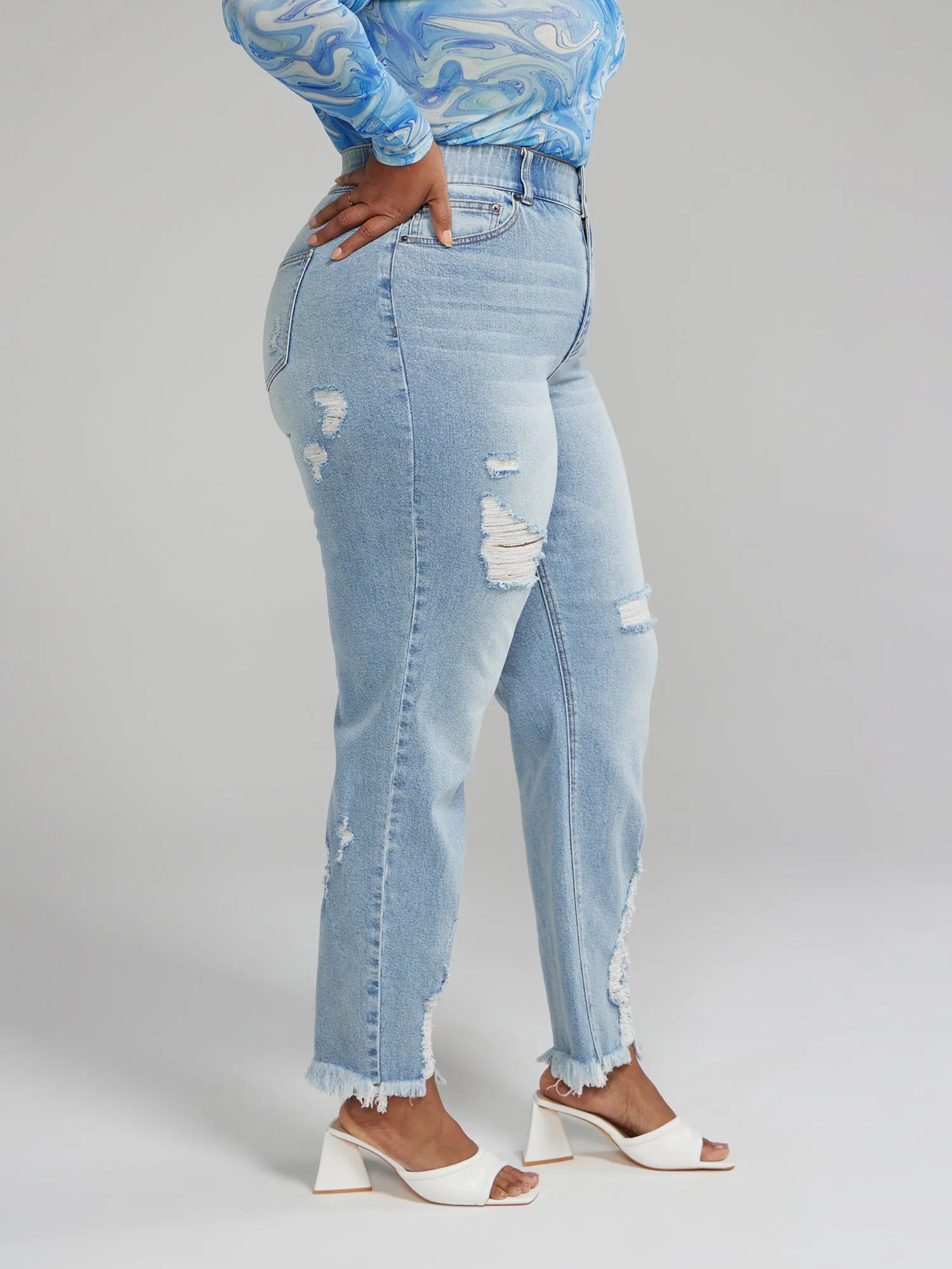 High Rise Curvy Fit Destructed Straight Leg Jeans - Short Inseam