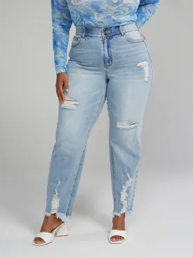 High Rise Curvy Fit Destructed Straight Leg Jeans - Short Inseam