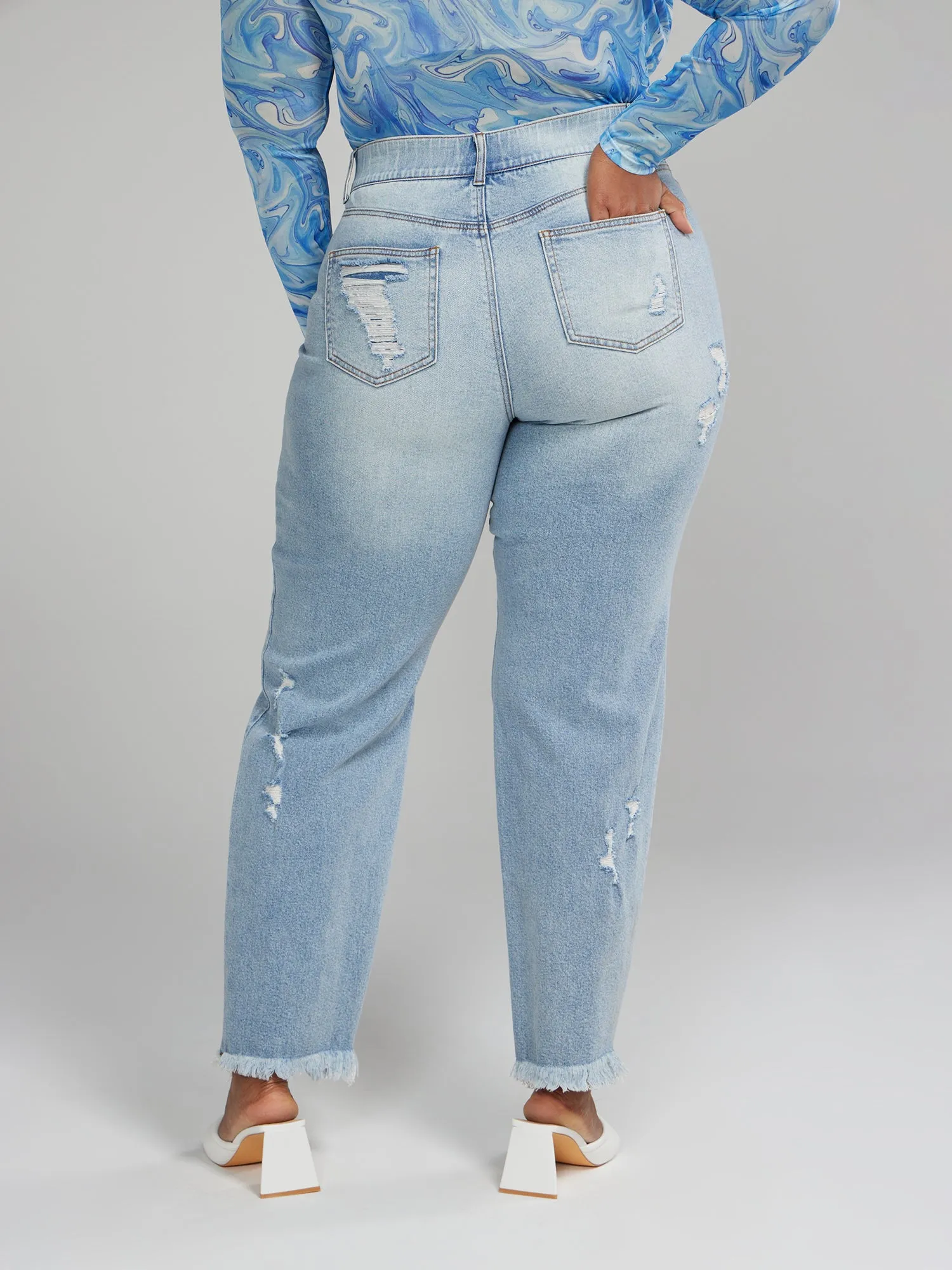 High Rise Curvy Fit Destructed Straight Leg Jeans - Short Inseam