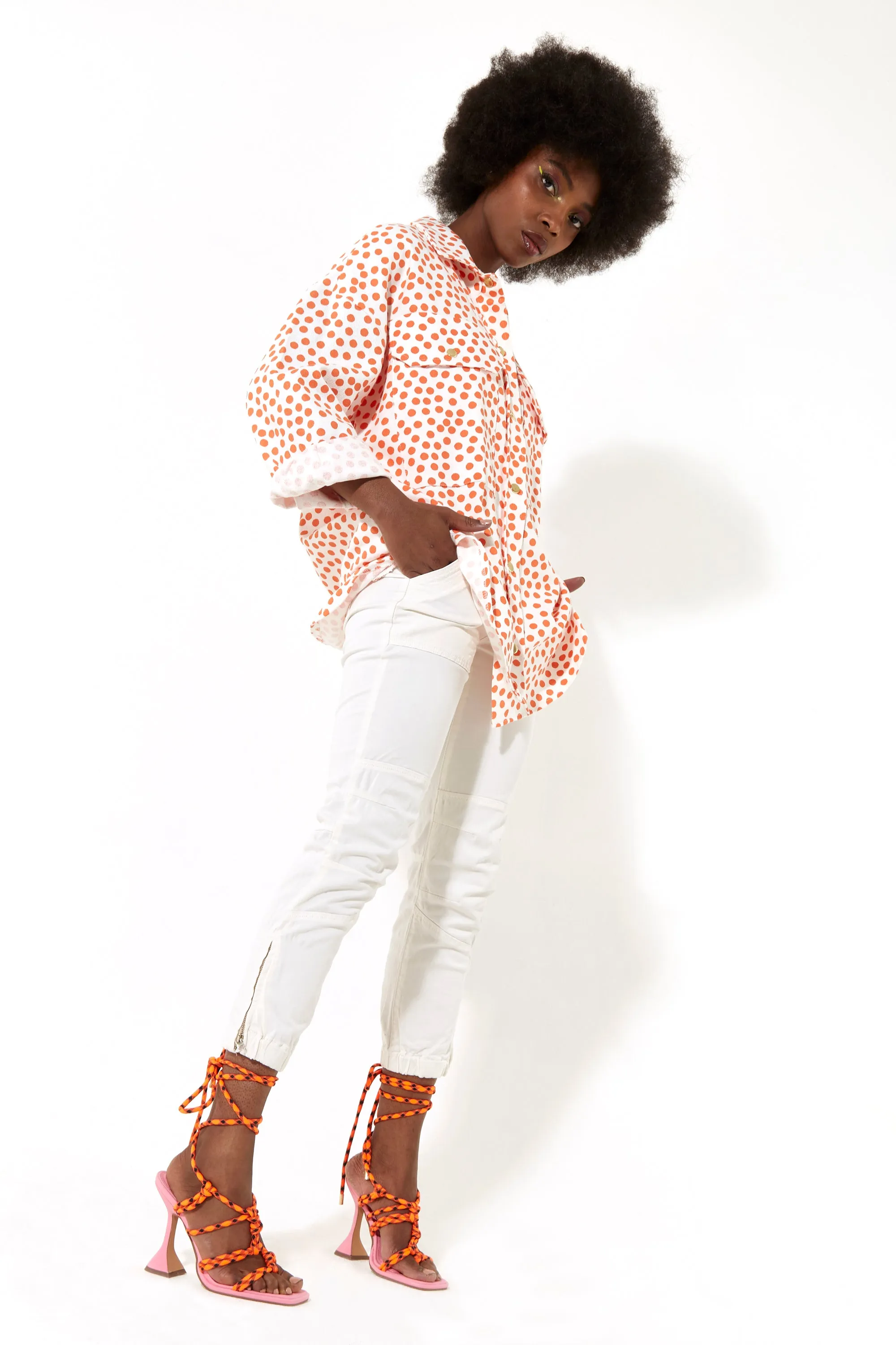 House of Holland Orange Polka Dot Oversized Shirt with Gold Buttons