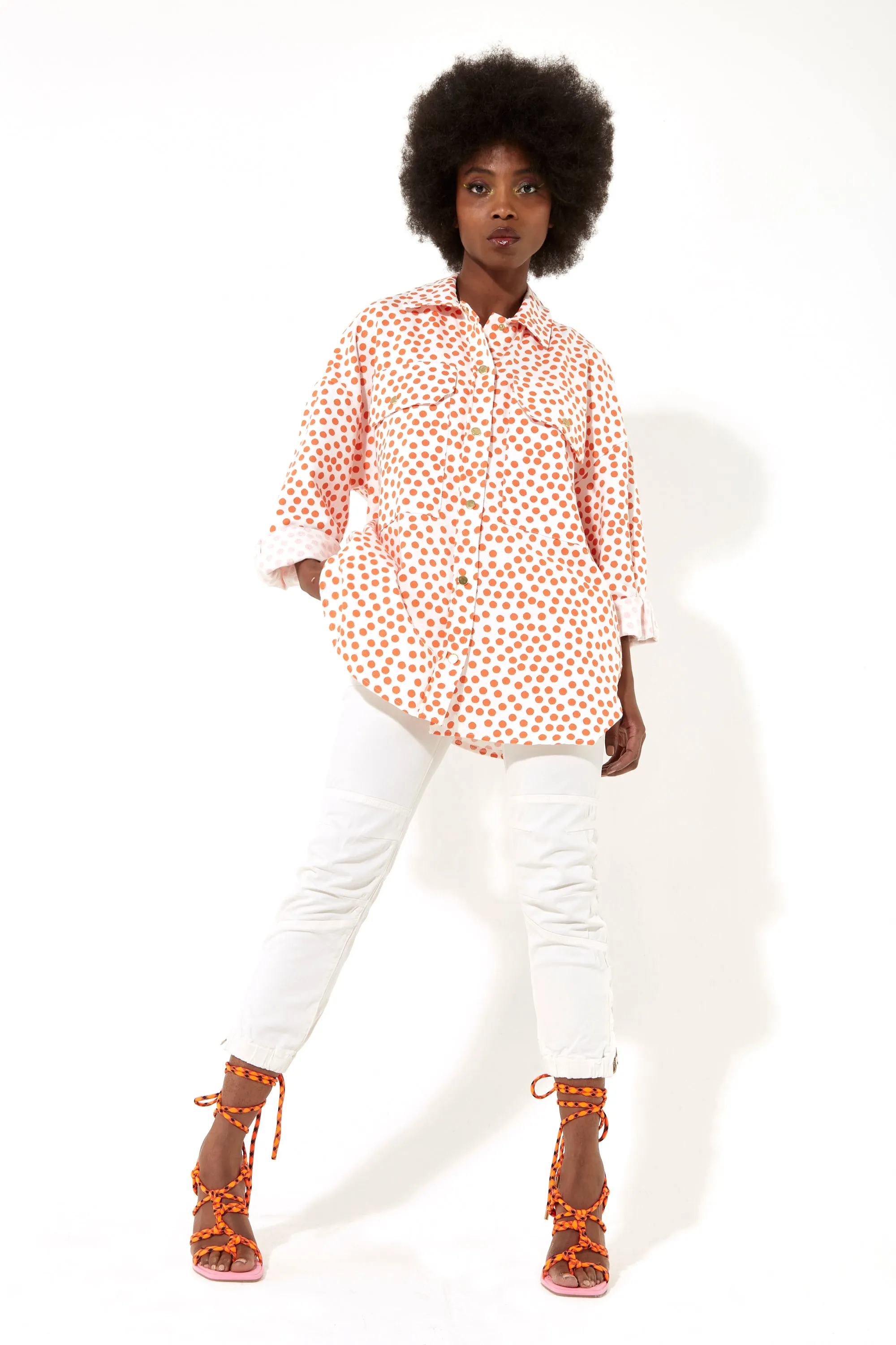 House of Holland Orange Polka Dot Oversized Shirt with Gold Buttons