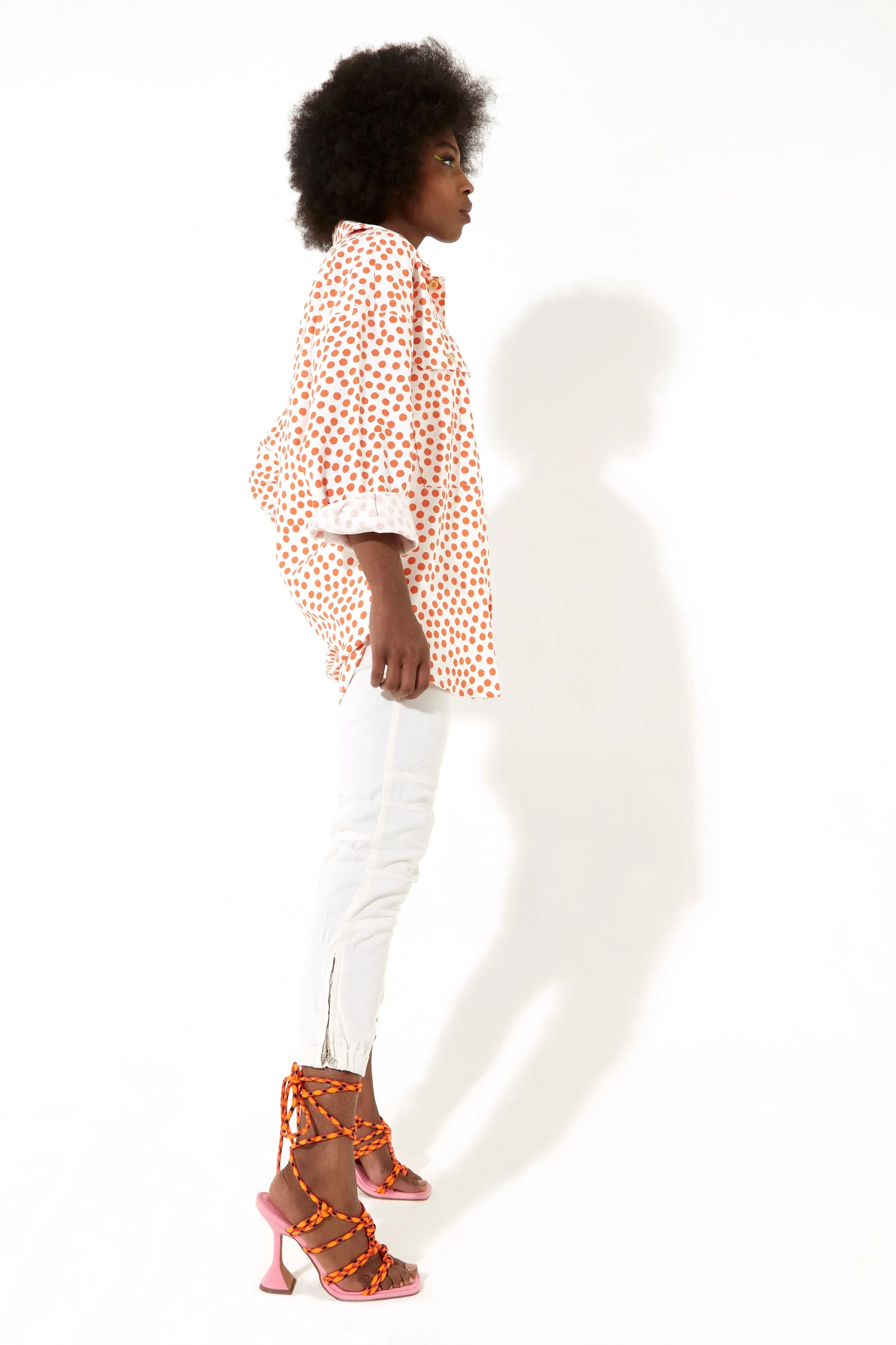 House of Holland Orange Polka Dot Oversized Shirt with Gold Buttons