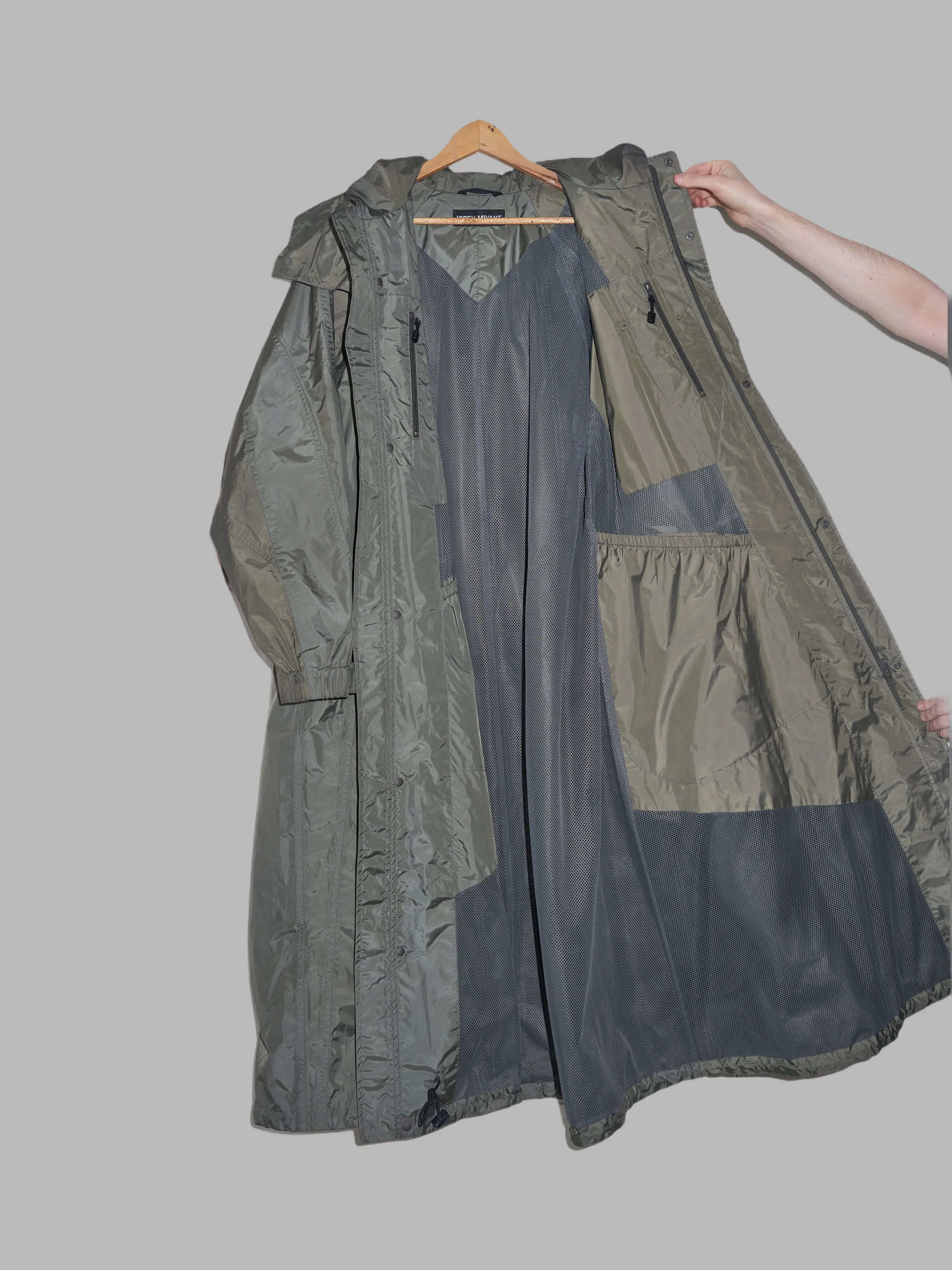 Issey Miyake khaki polyester full length multi pocket parachute coat - 3 L M