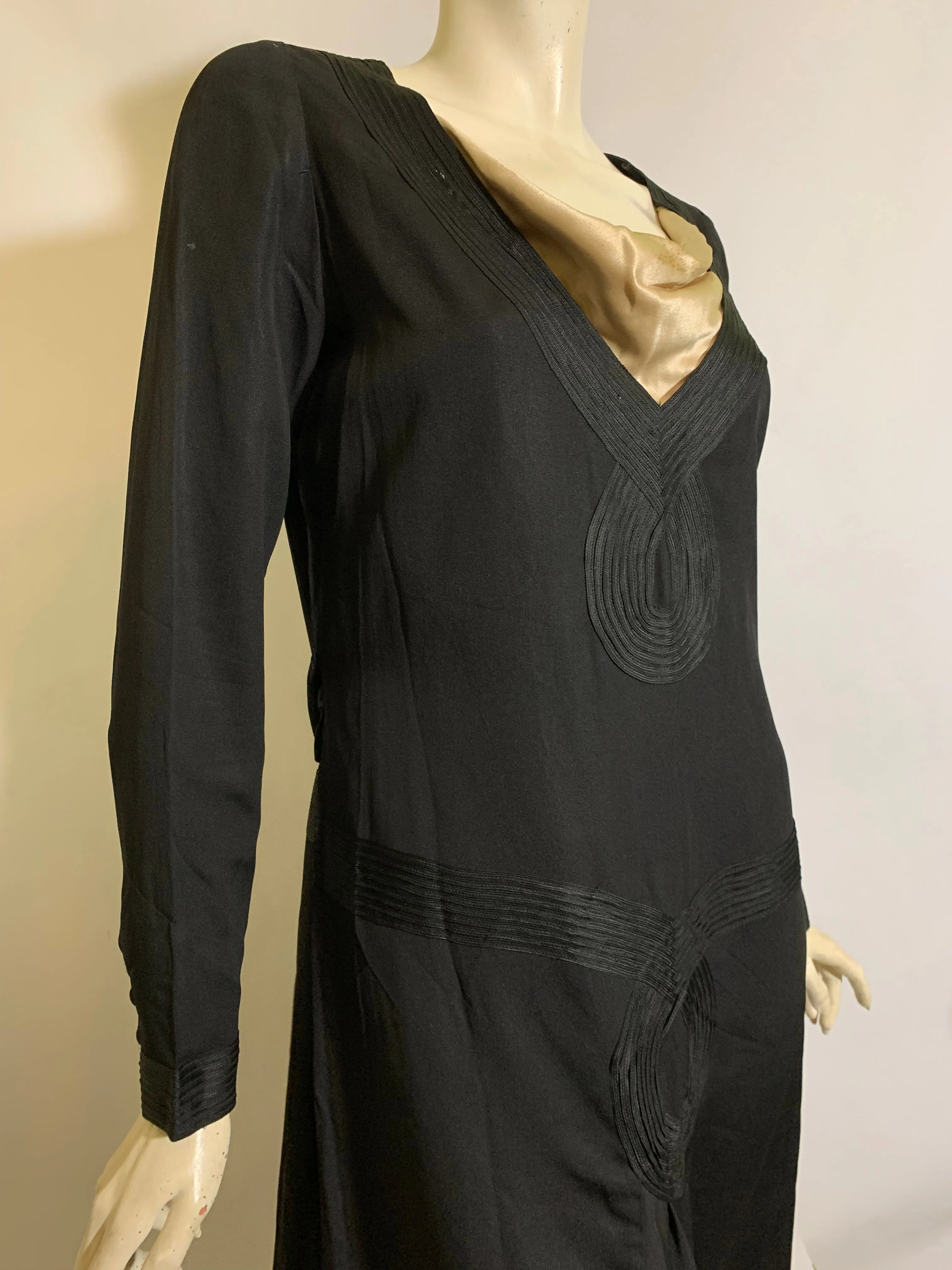 Jet Black Soutache Trimmed Dropped Waist Silk Dress circa 1920s