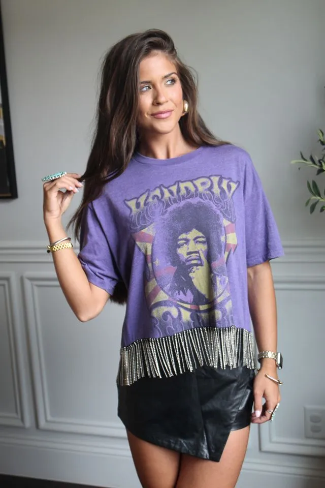 Jimi Hendrix Cropped Rhinestone Fringe Tee