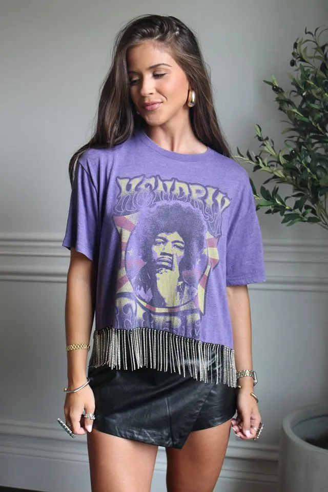 Jimi Hendrix Cropped Rhinestone Fringe Tee