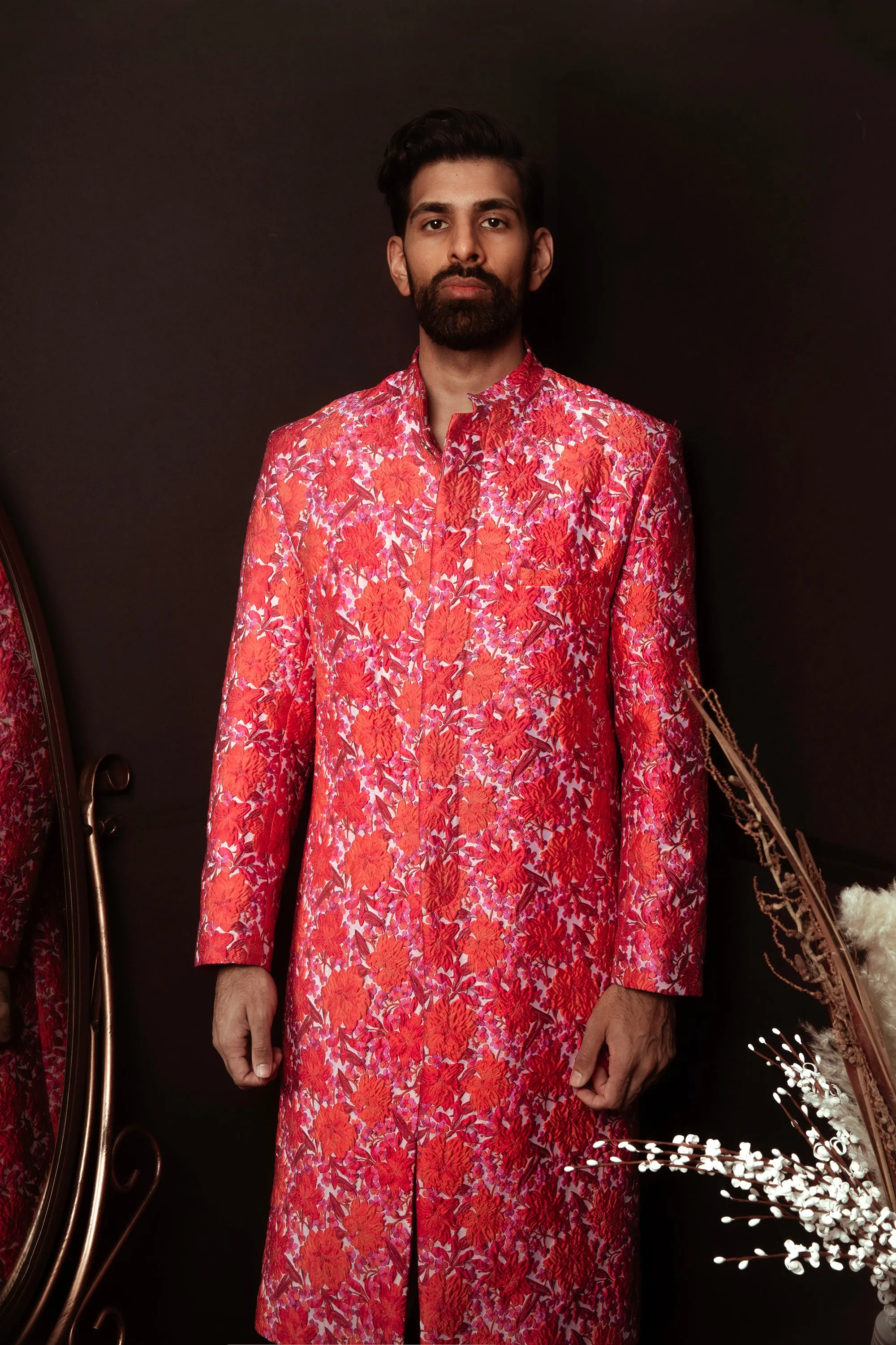 KINJAL Floral Red Wedding Sherwani