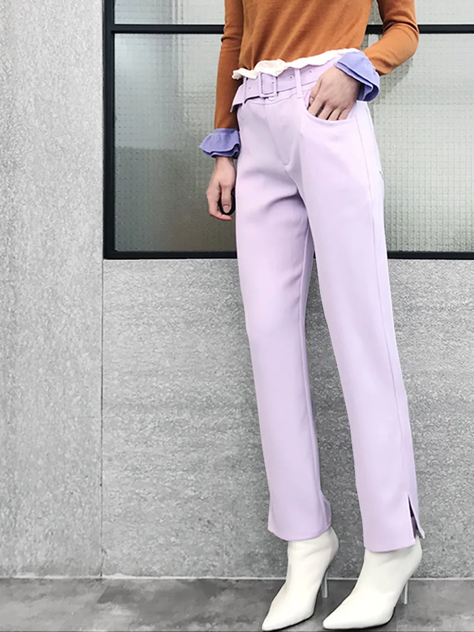 Last Chance! Lilac Ruffle Waist Straight Leg Trousers