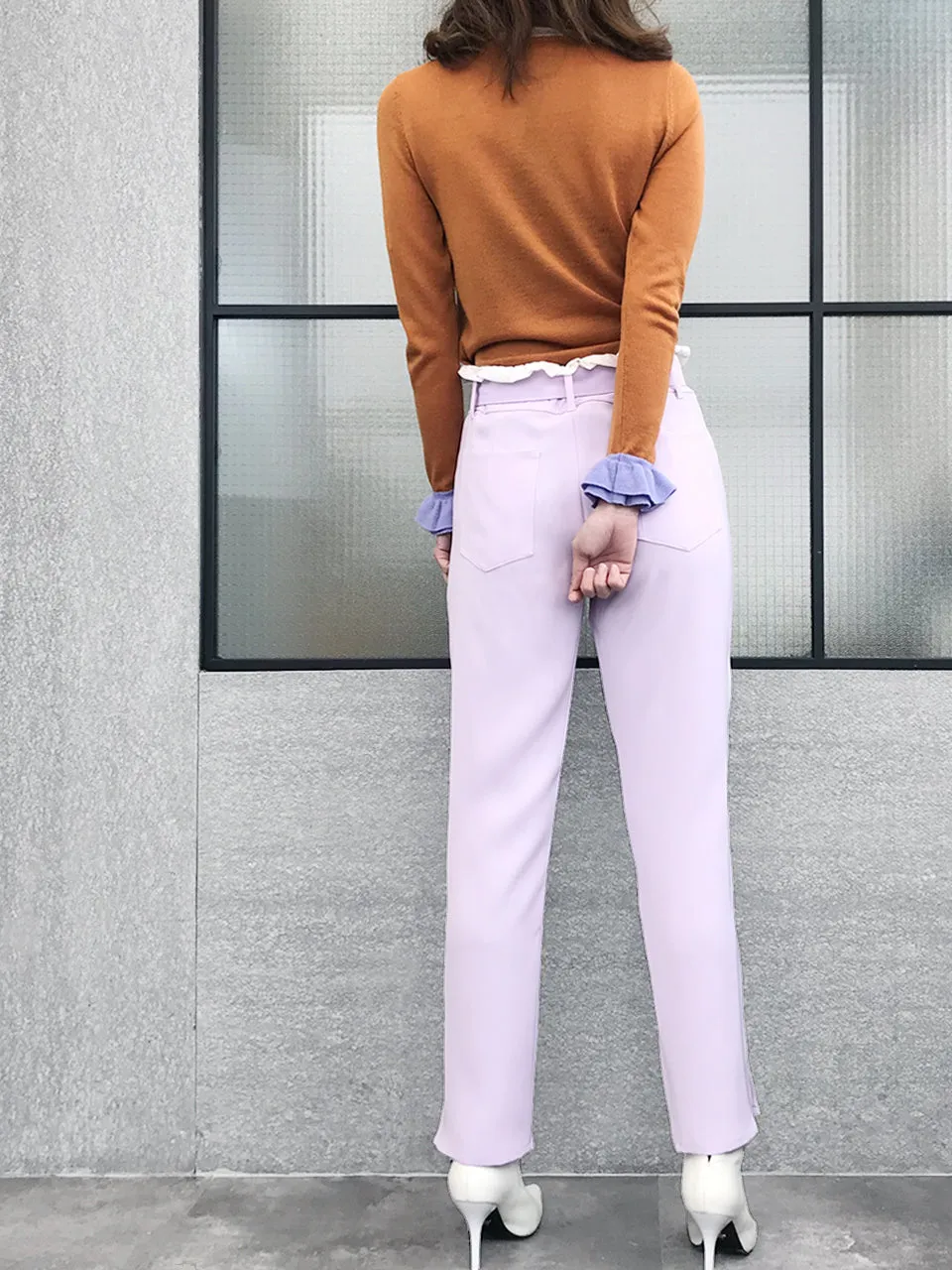 Last Chance! Lilac Ruffle Waist Straight Leg Trousers