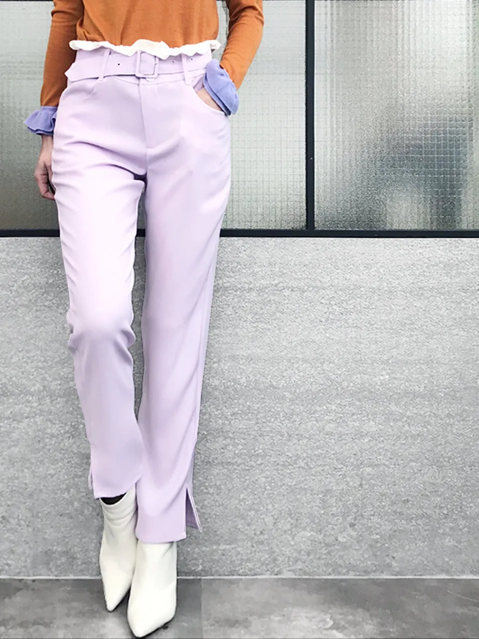 Last Chance! Lilac Ruffle Waist Straight Leg Trousers