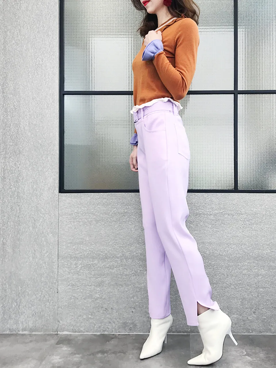 Last Chance! Lilac Ruffle Waist Straight Leg Trousers