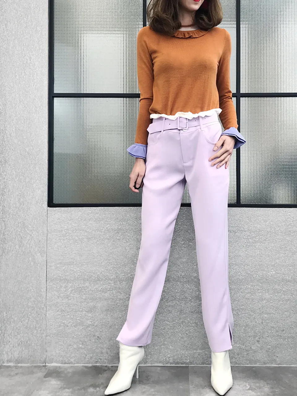 Last Chance! Lilac Ruffle Waist Straight Leg Trousers