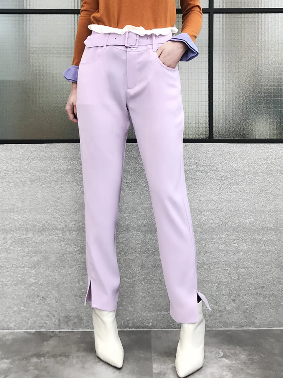 Last Chance! Lilac Ruffle Waist Straight Leg Trousers