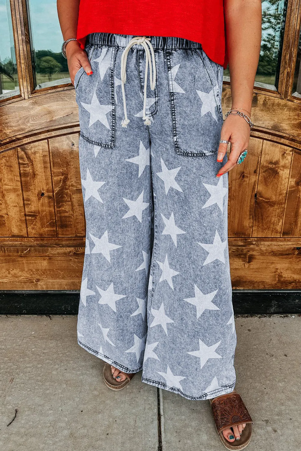 Light Blue Star Print Light Wash Drawstring High Waist Wide Leg Jeans