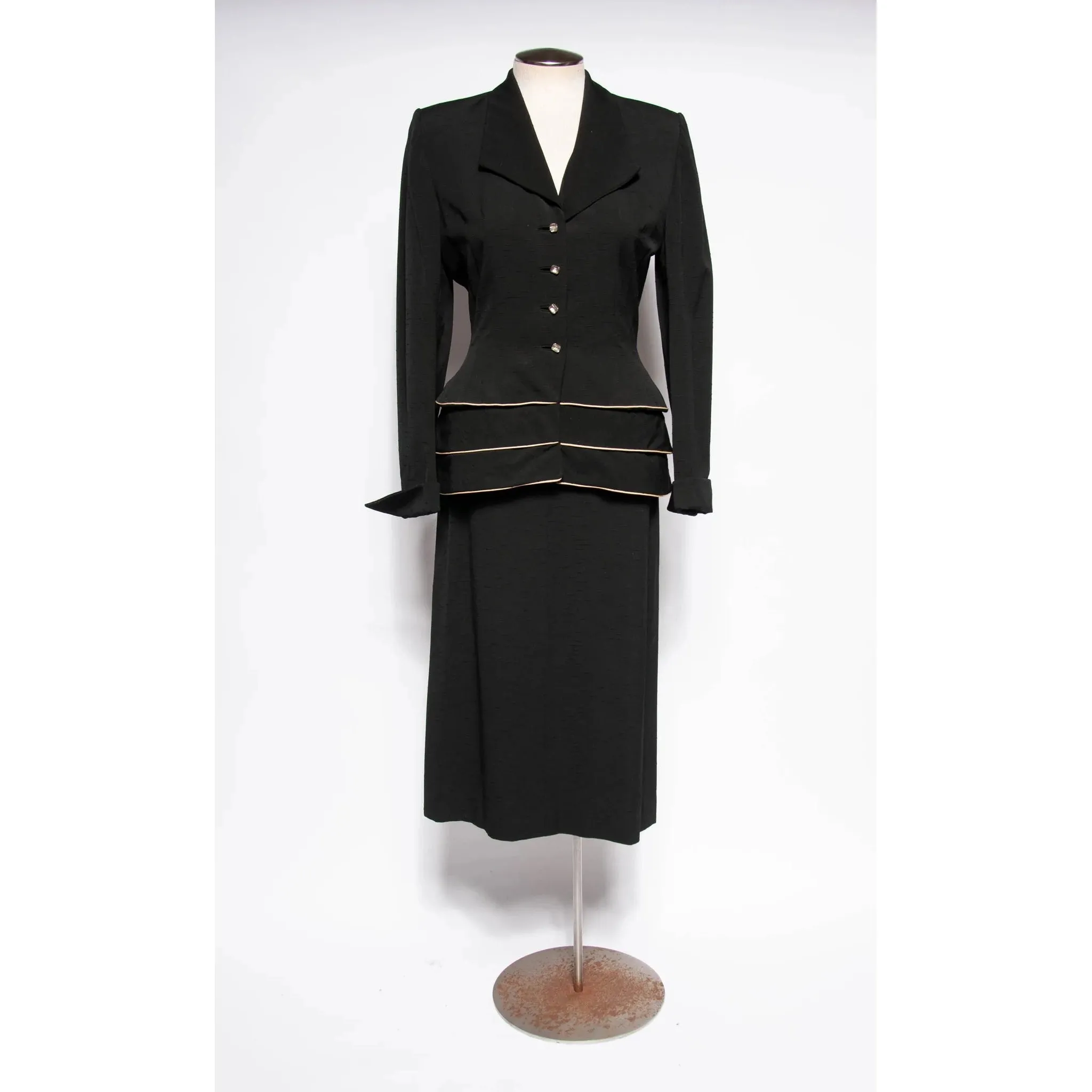 LILLI ANN DOCUMENTED 1953 Black Ripple Wool "New Look" Skirt Suit | Size M/L