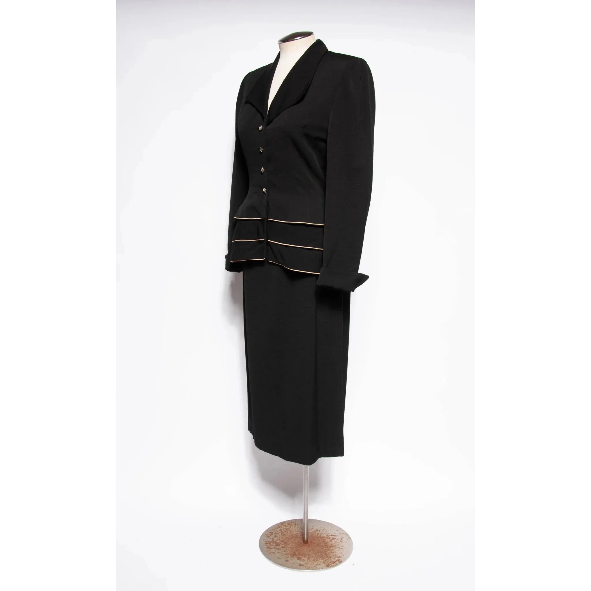 LILLI ANN DOCUMENTED 1953 Black Ripple Wool "New Look" Skirt Suit | Size M/L