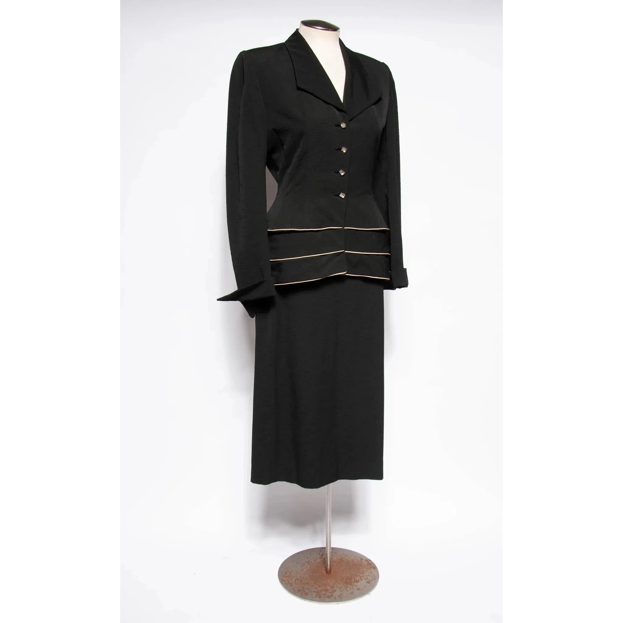 LILLI ANN DOCUMENTED 1953 Black Ripple Wool "New Look" Skirt Suit | Size M/L