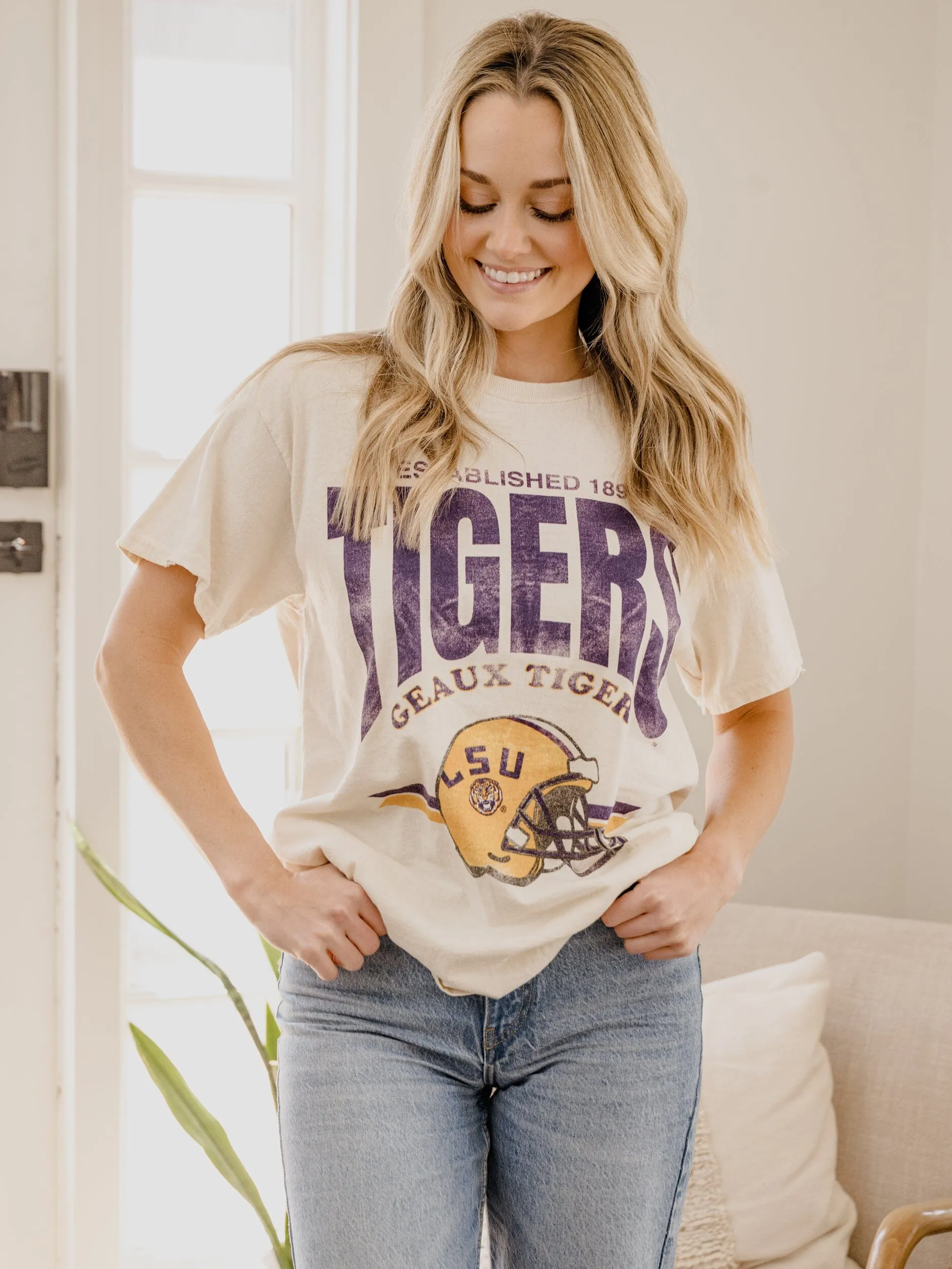 LSU Tigers Established Date Helmet Off White Thrifted Tee