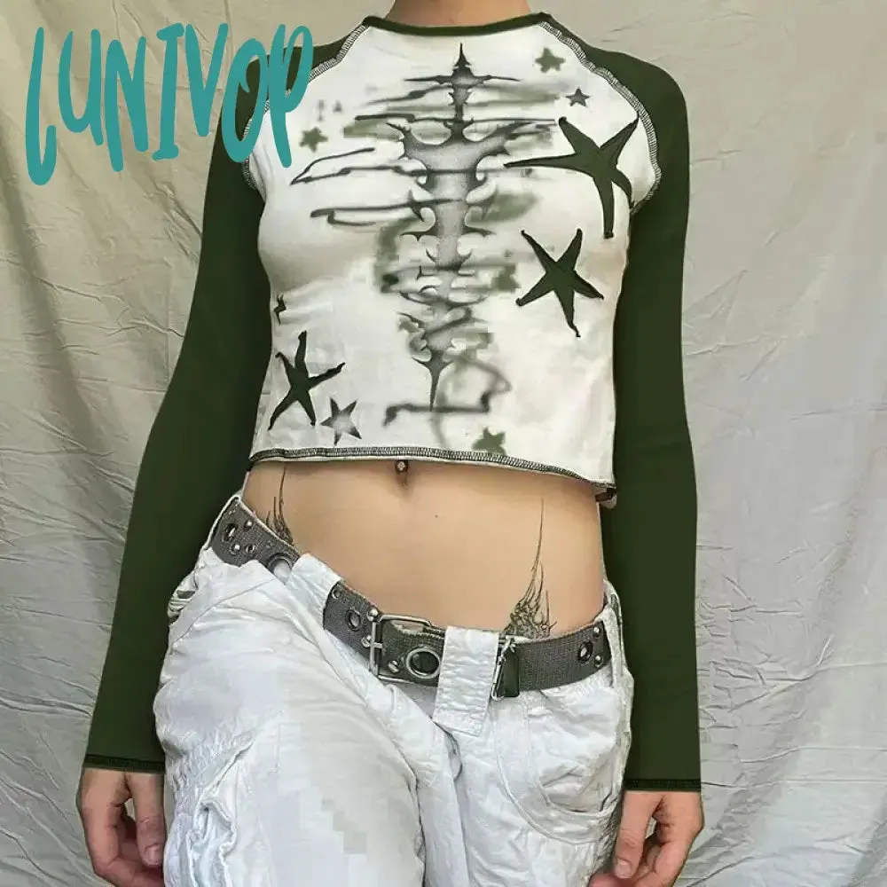 Lunivop  Y2k Star Graphic Print T Shirts Women Vintage Trashy 2000s Grunge Crop Tops Streetwear Casual Long Sleeve Tees Spring