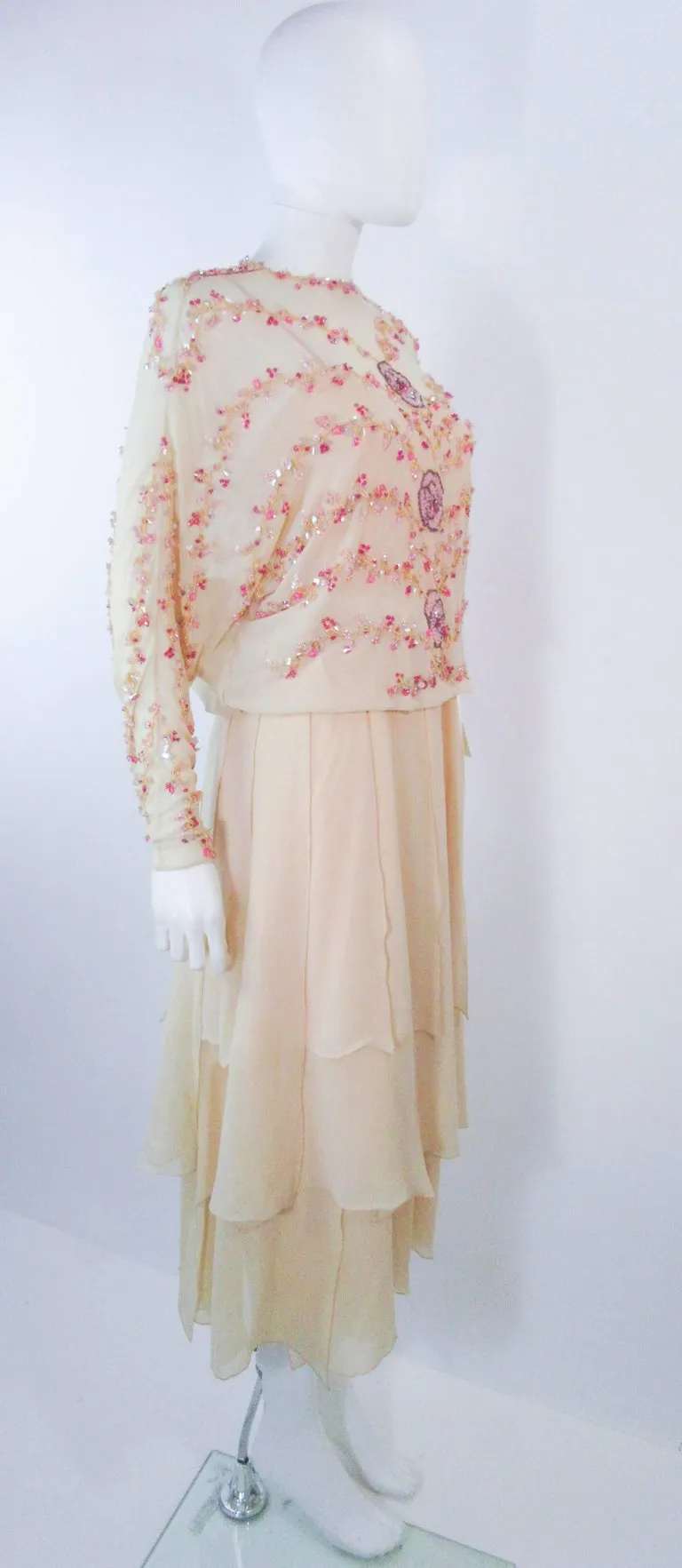 MAGGY REEVES Nude Silk Chiffon 2pc Gown with Beading Size 4