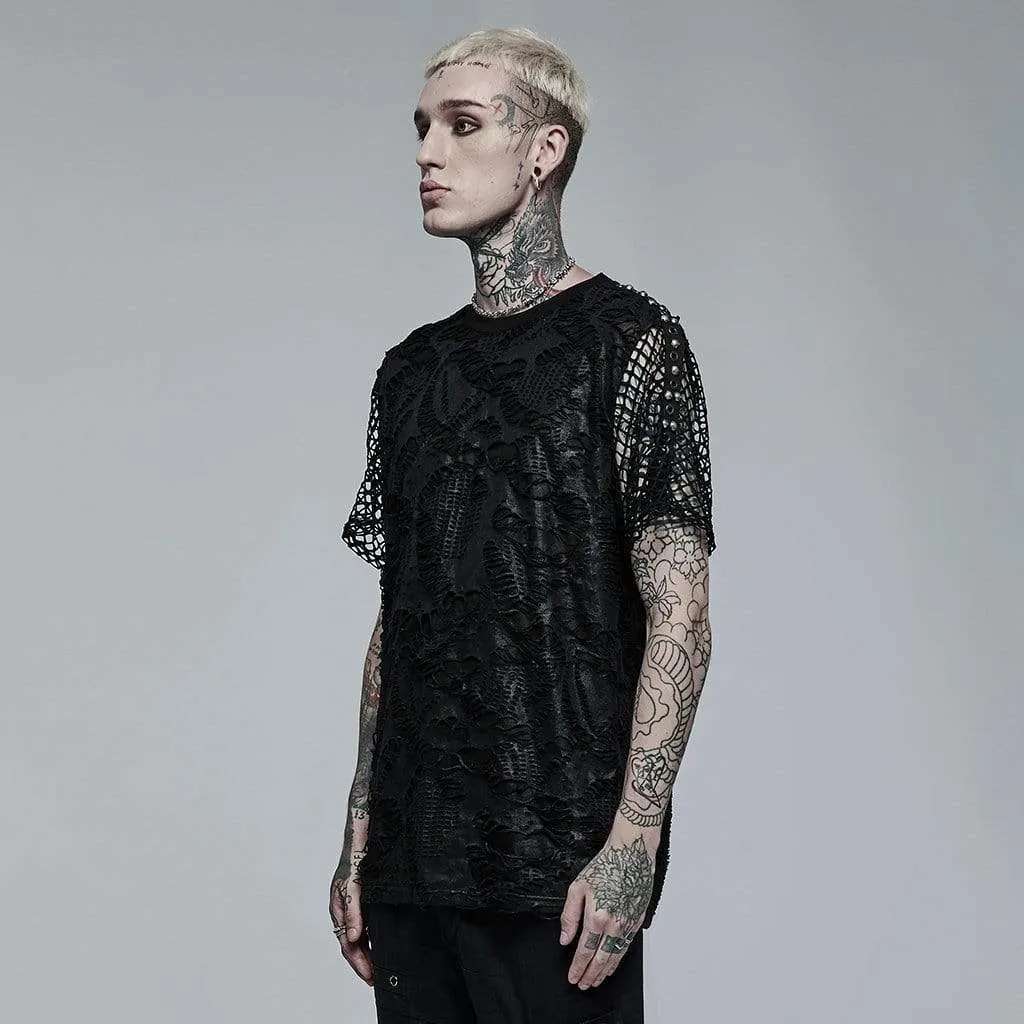 Men's Gothic Ripped Mesh Knitted T-shirt