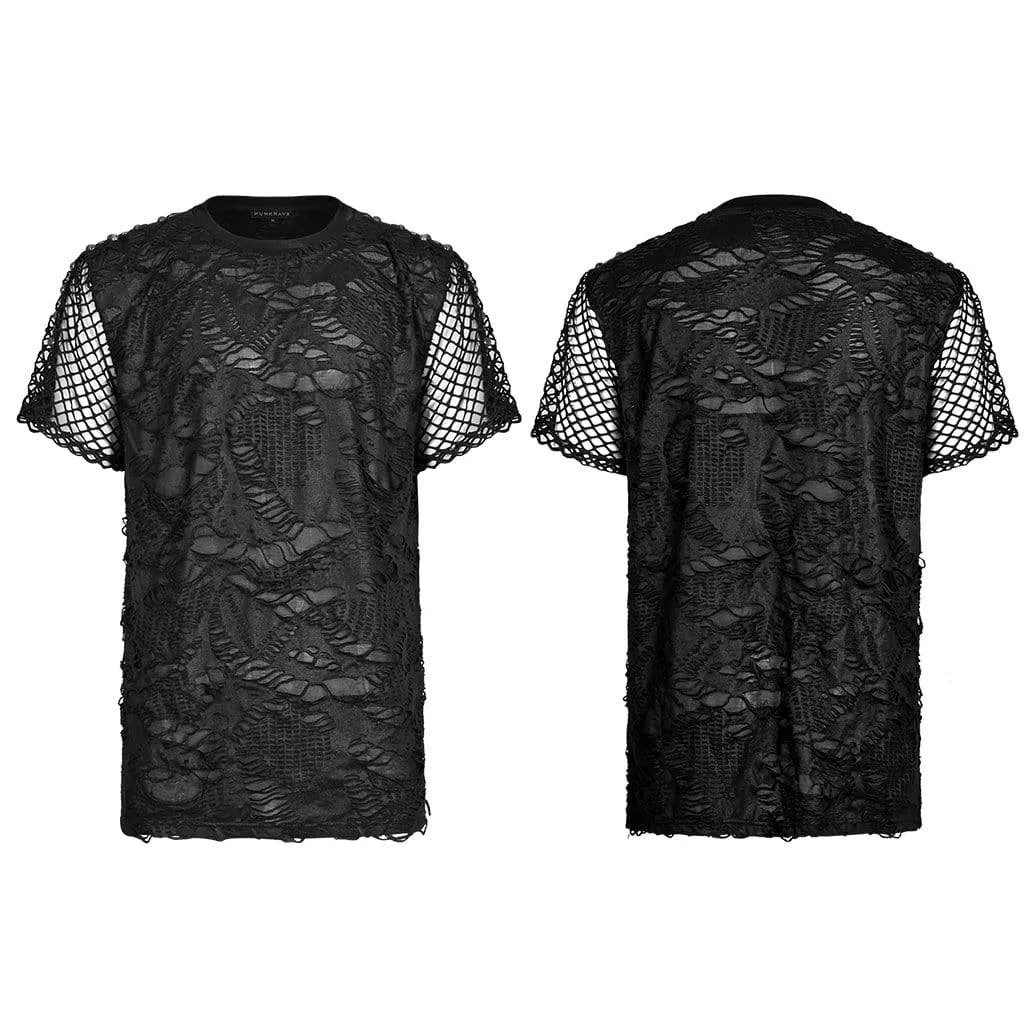 Men's Gothic Ripped Mesh Knitted T-shirt