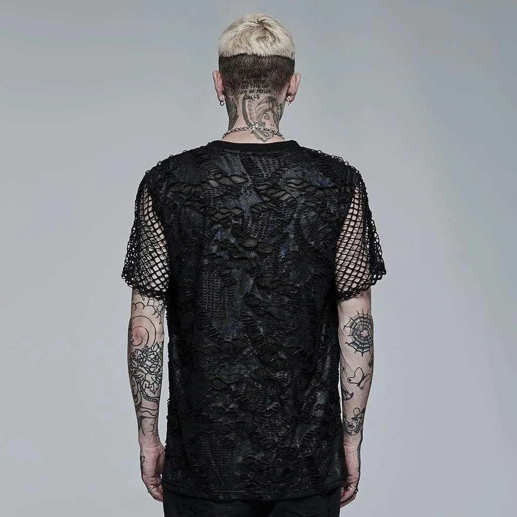 Men's Gothic Ripped Mesh Knitted T-shirt